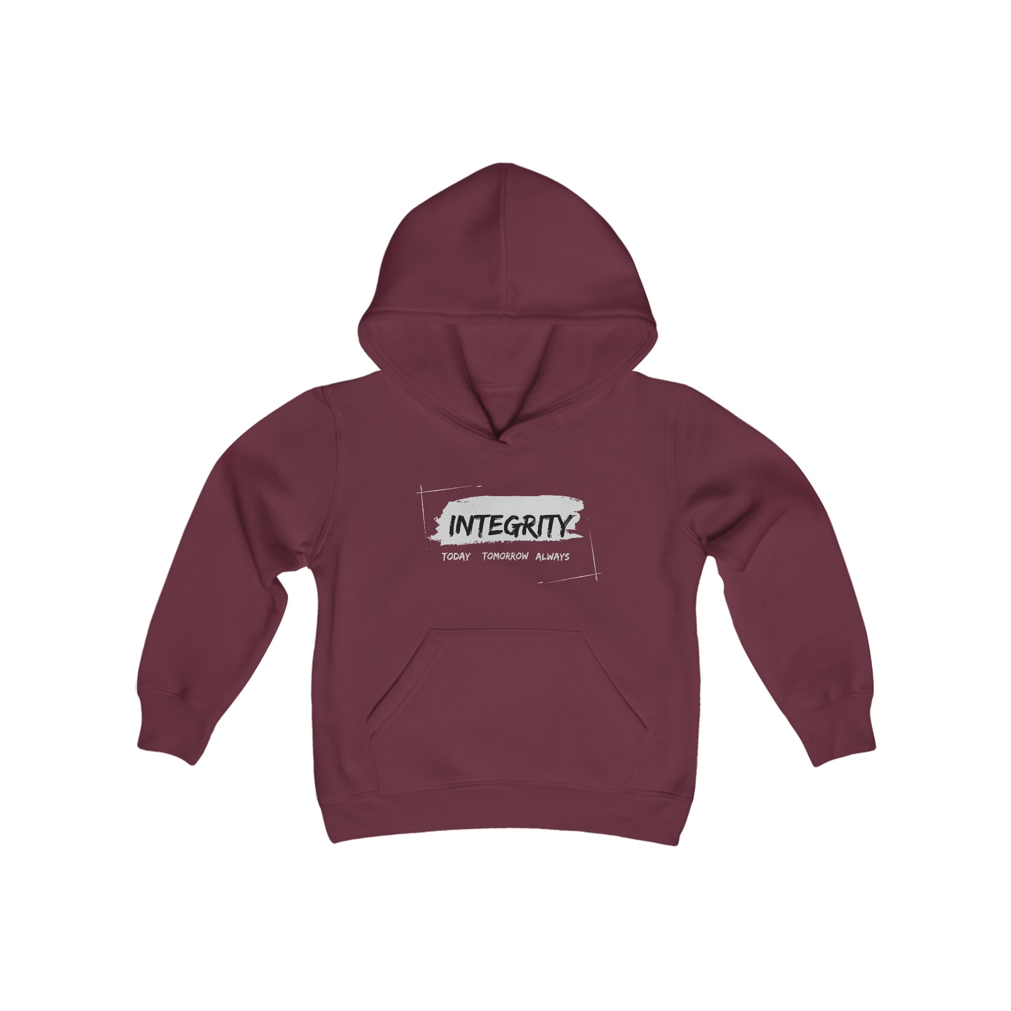 Youth unisex maroon hoodie " Integrity Today Tomorrow Always" inspired image.