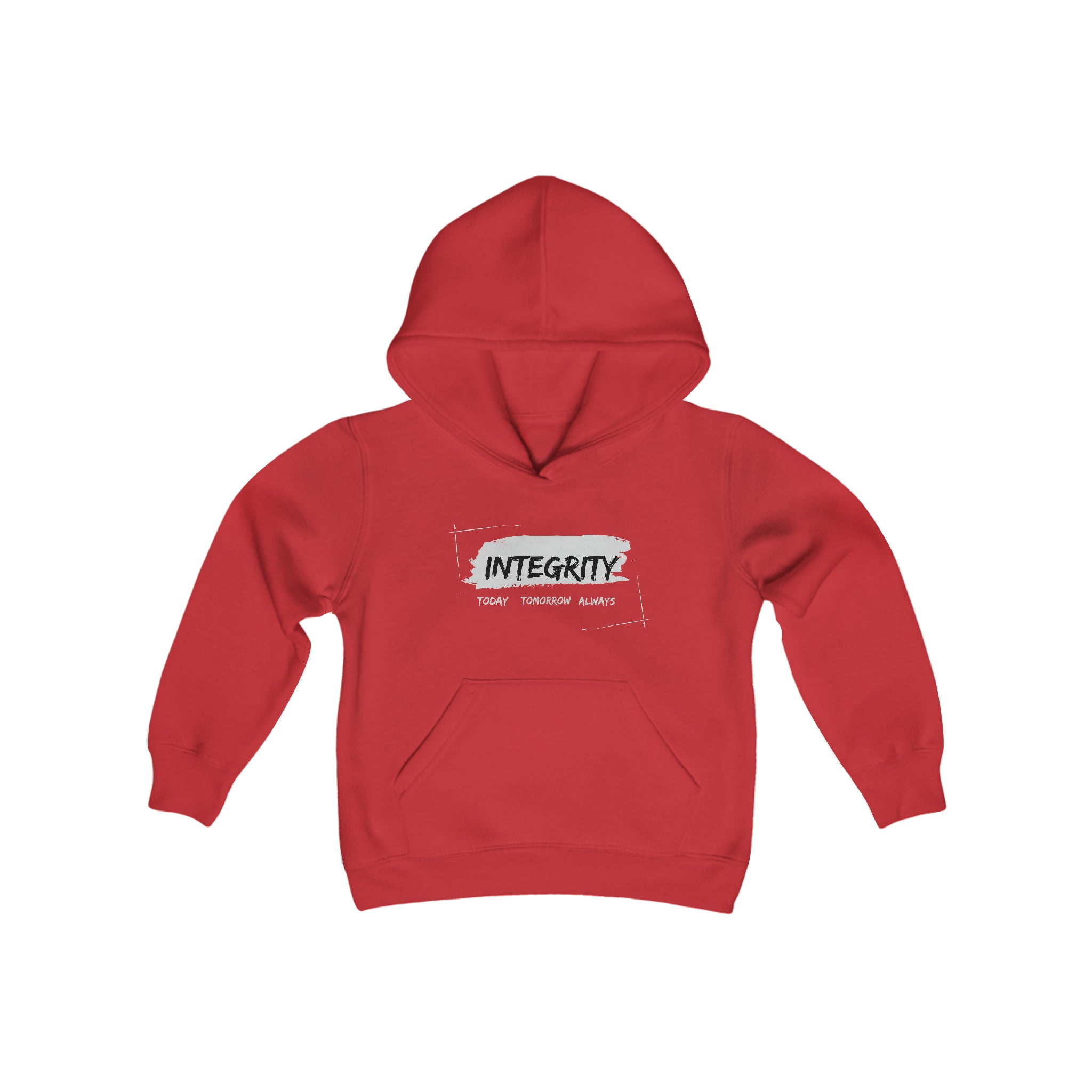 Youth unisex red hoodie " Integrity Today Tomorrow Always" inspired image.