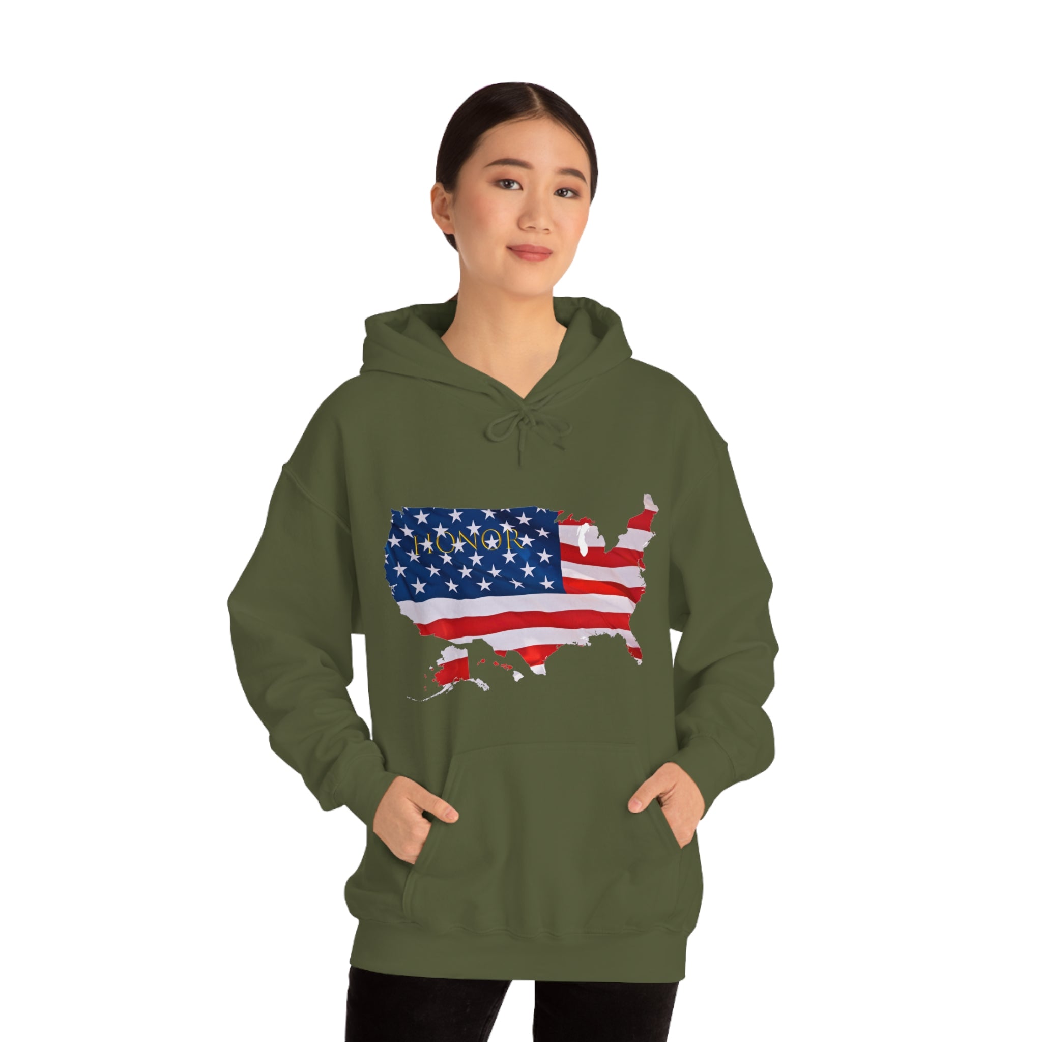 Adult female wearing military green hoodie with "Honor USA" inspired American as a Flag graphic on front.