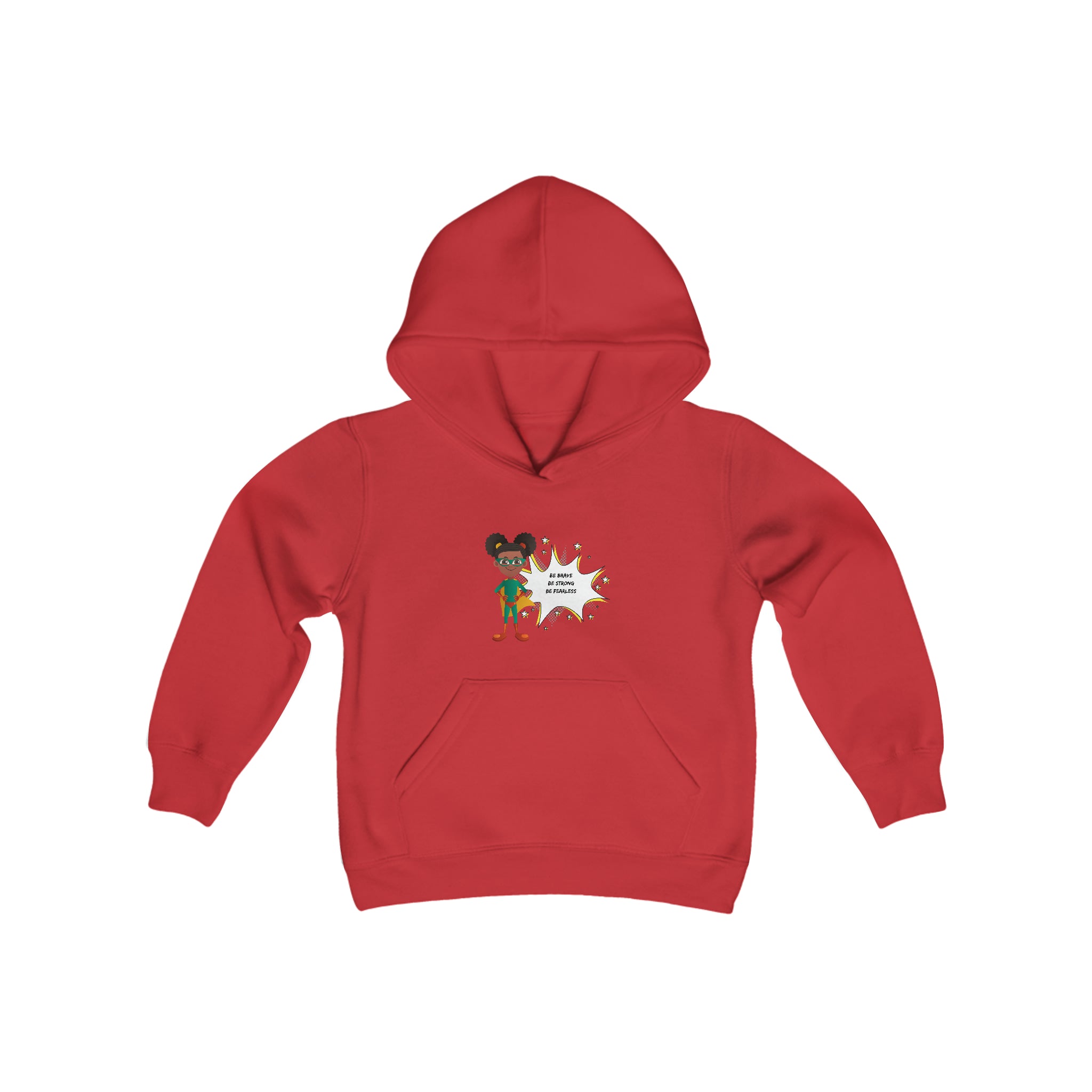 Youth Girl red hoodie with "Be Bold Be Strong Be Fearless" motivational image on front.