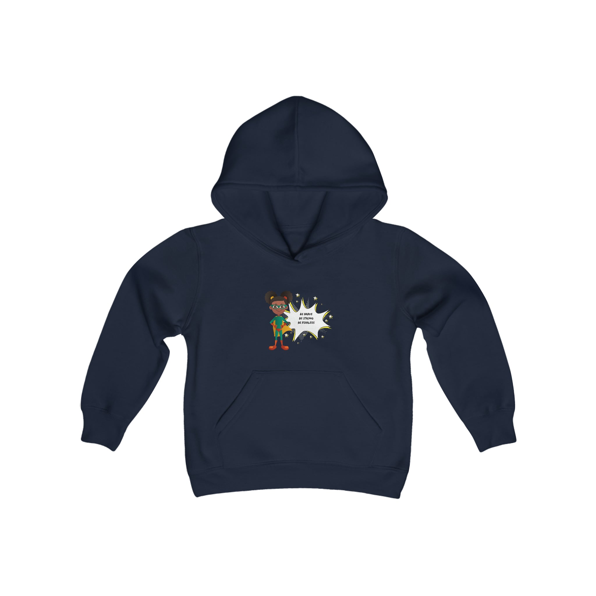Youth Girl navy hoodie with "Be Bold Be Strong Be Fearless" motivational image on front.