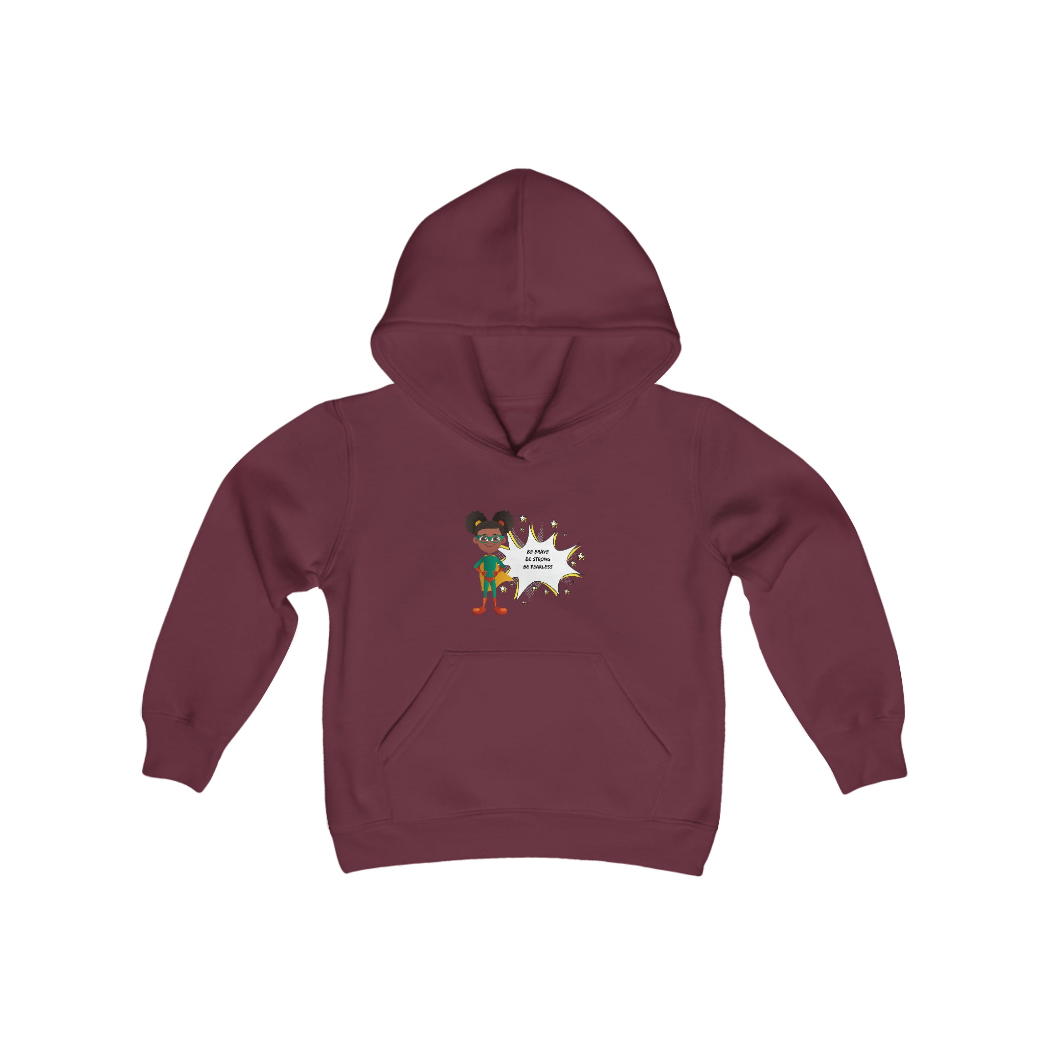 Youth Girl maroon hoodie with "Be Bold Be Strong Be Fearless" motivational image on front.