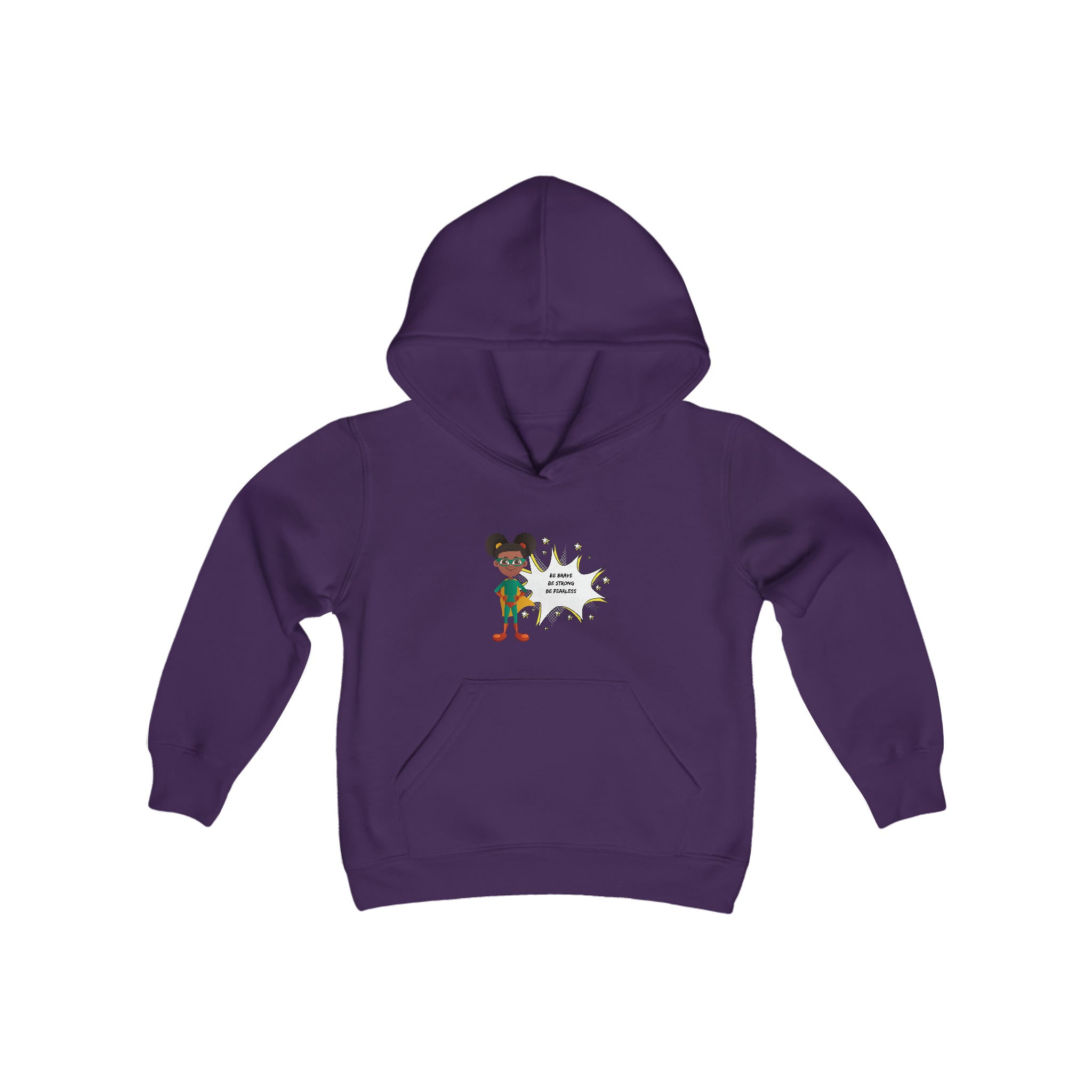 Youth Girl purple hoodie with "Be Bold Be Strong Be Fearless" motivational image on front.