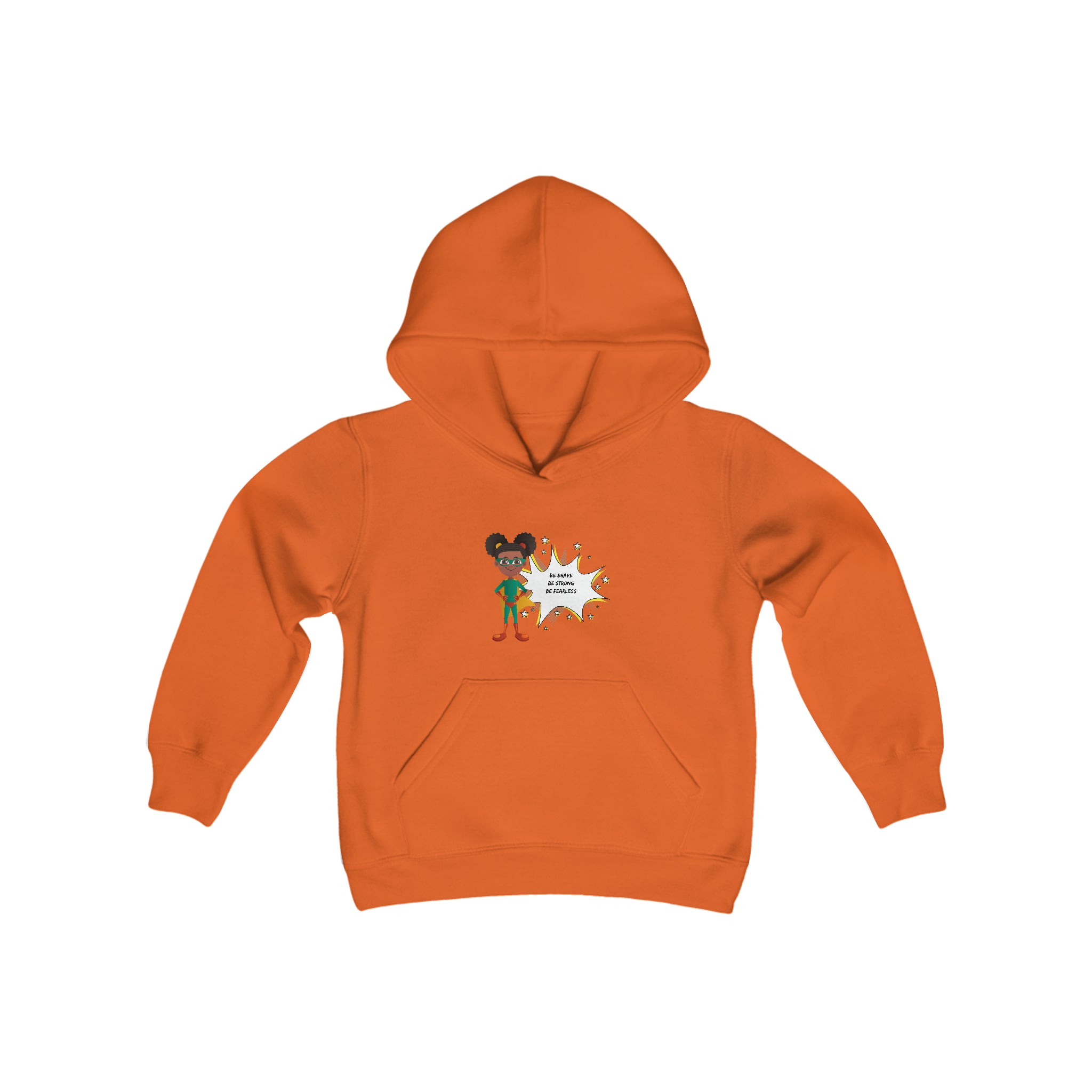 Youth Girl orange hoodie with "Be Bold Be Strong Be Fearless" motivational image on front.