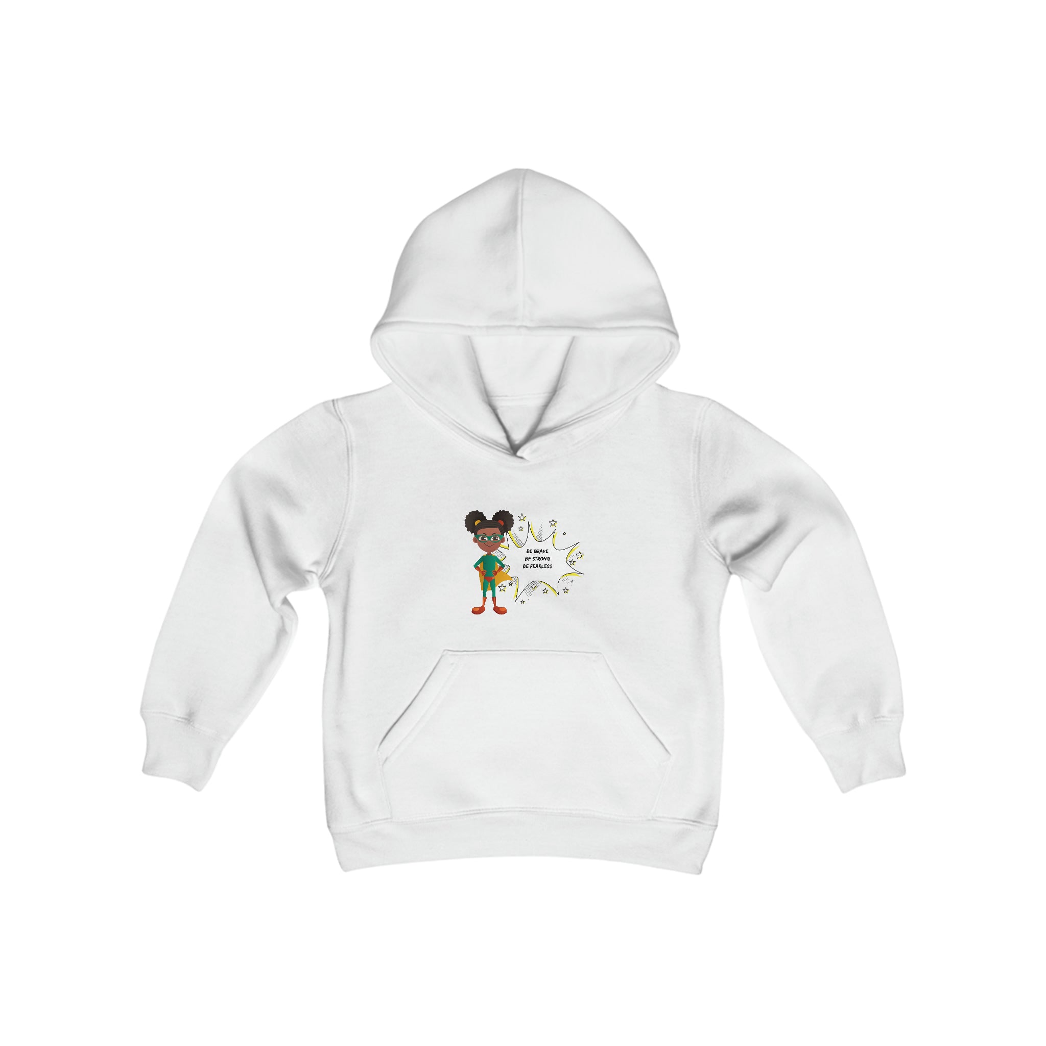 Youth Girl white hoodie with "Be Bold Be Strong Be Fearless" motivational image on front.