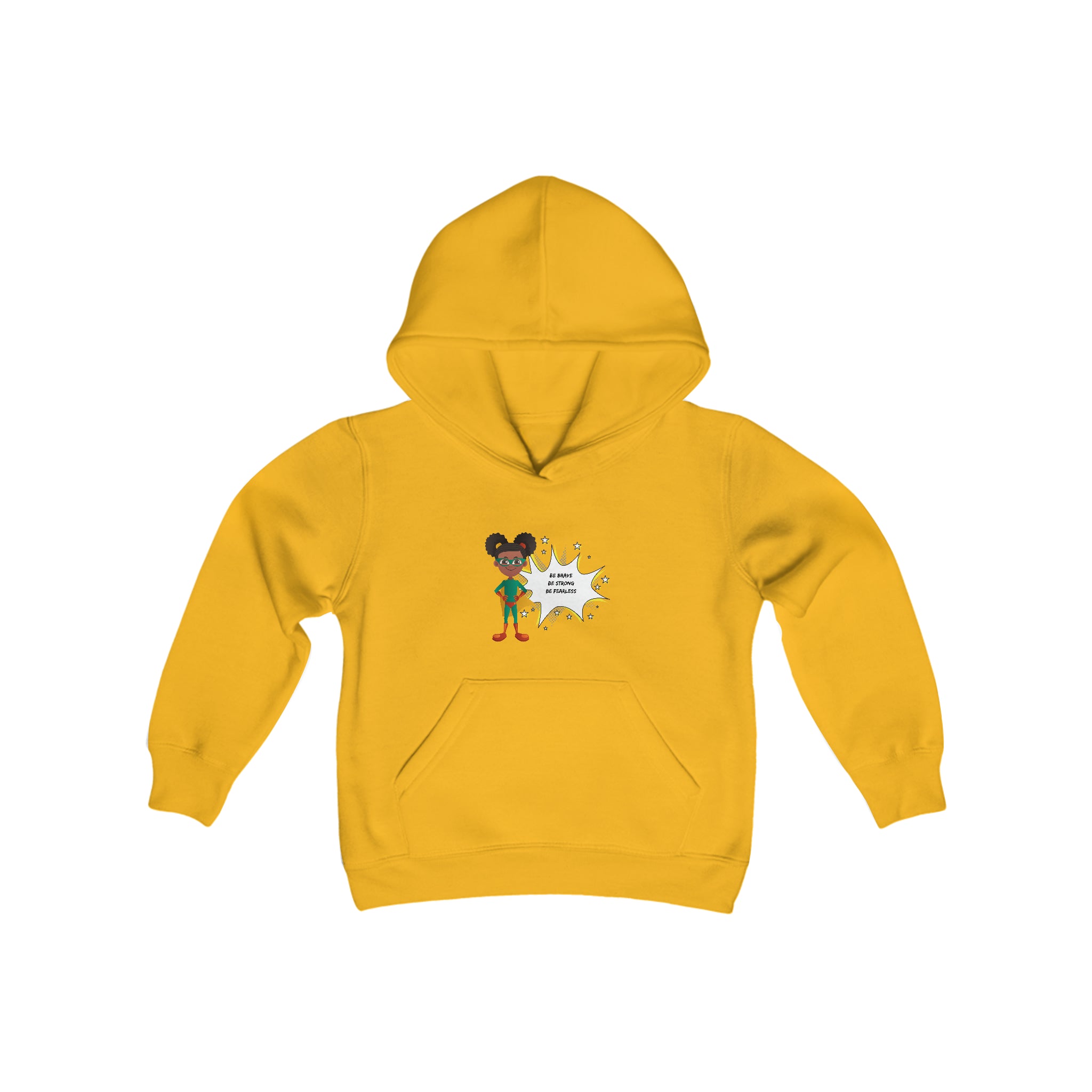 Youth Girl gold hoodie with "Be Bold Be Strong Be Fearless" motivational image on front.