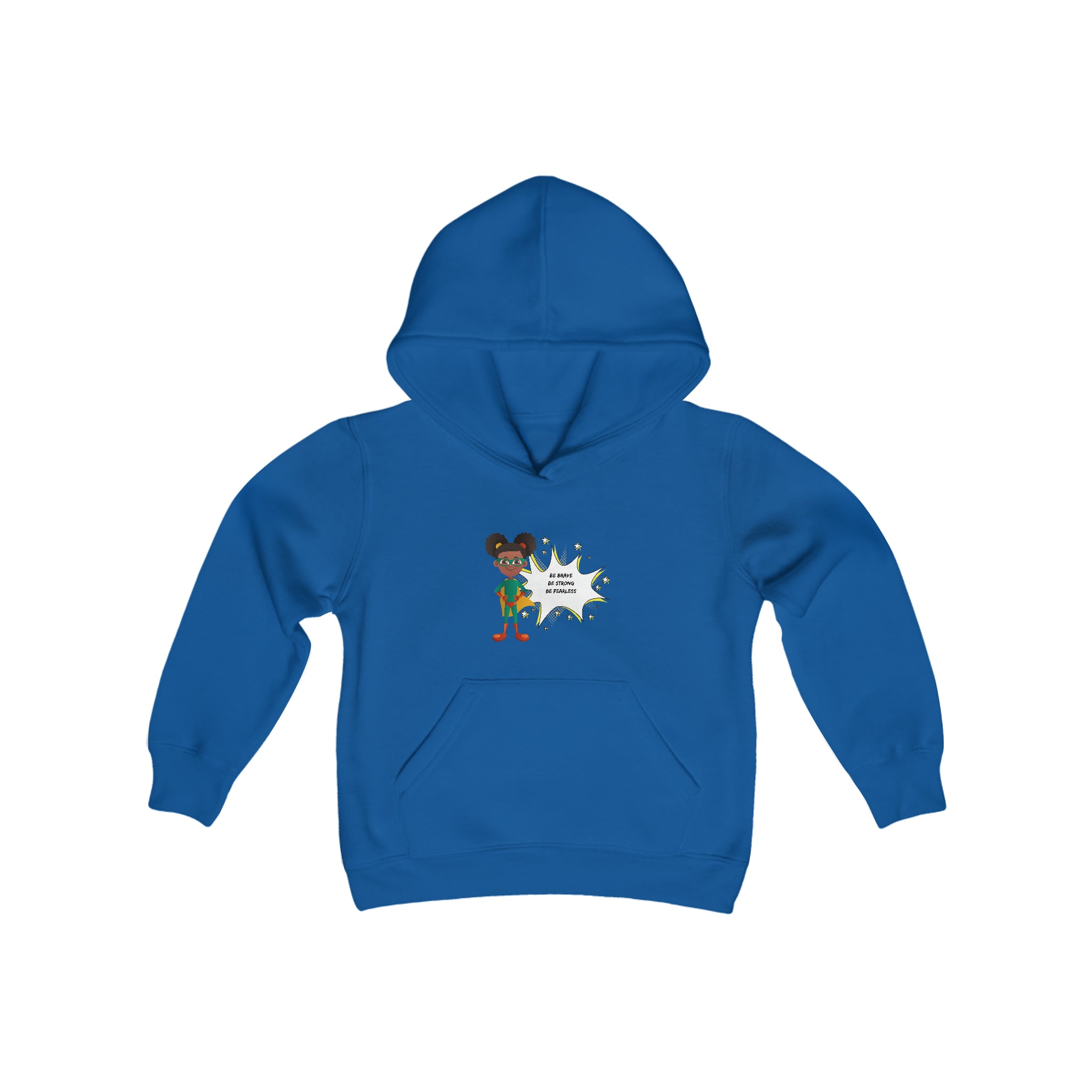 Youth Girl royal  hoodie with "Be Bold Be Strong Be Fearless" motivational image on front.