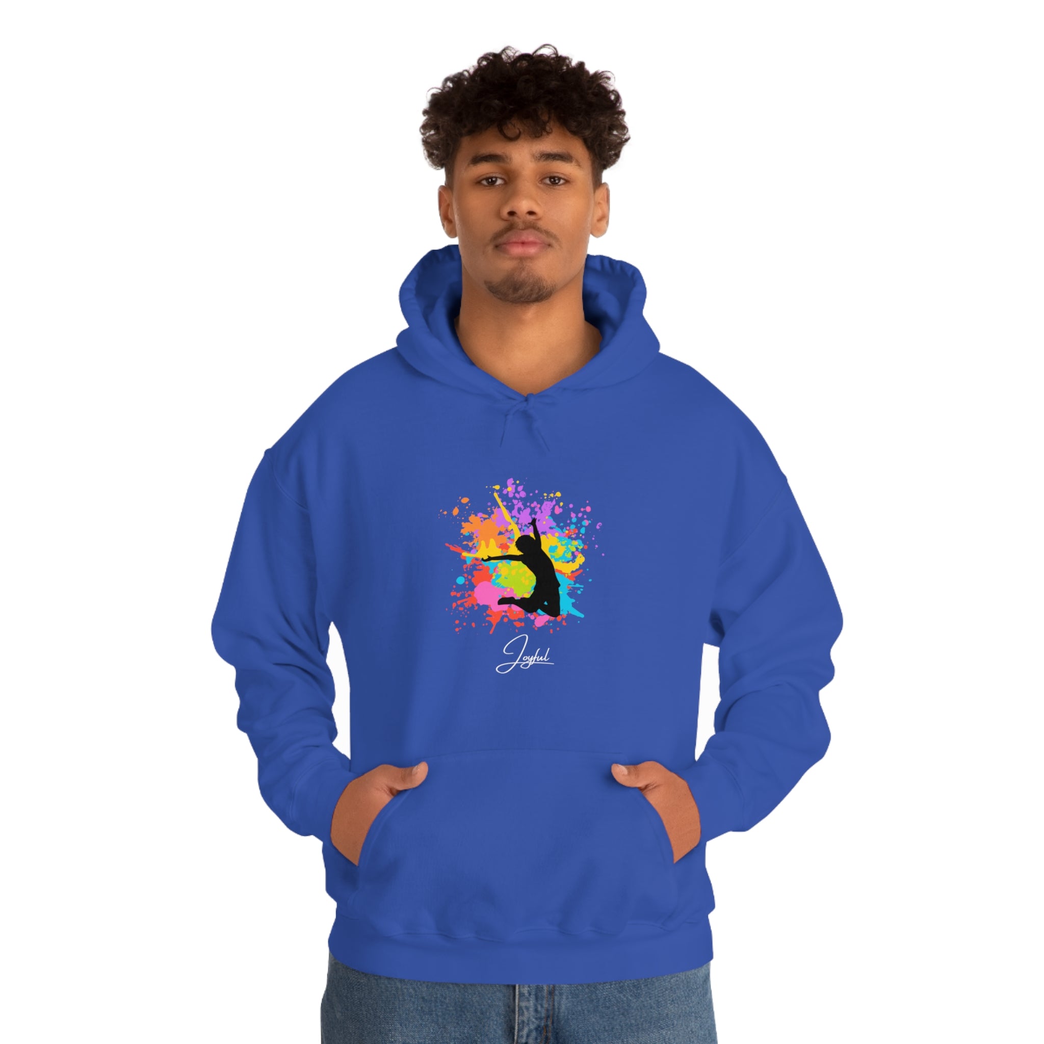 Adult male wearing royal hoodie with "Joyful" graphic on front
