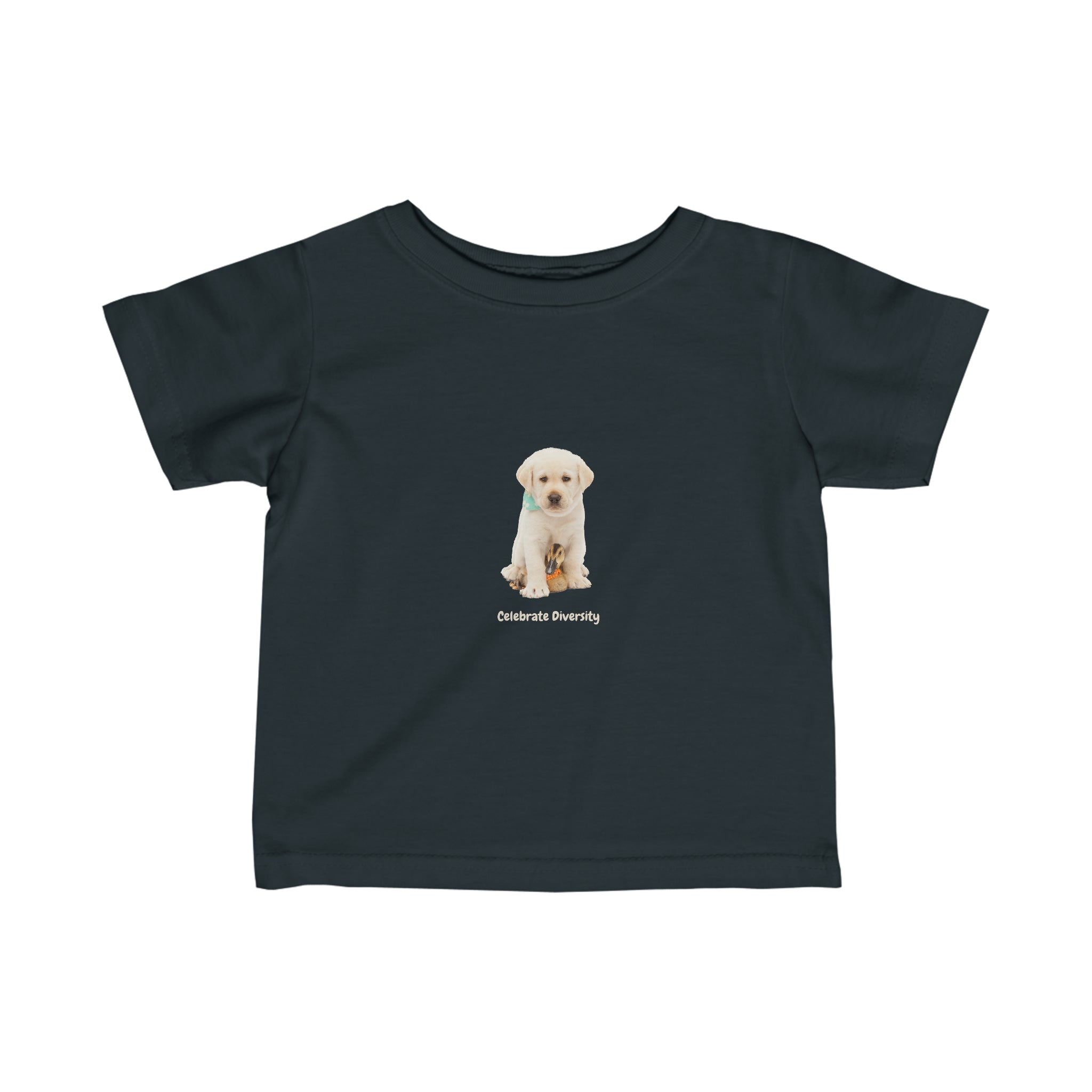 Infant unisex black T-shirt with "Celebrate Diversity" inspired graphic with puppy and duck on front.