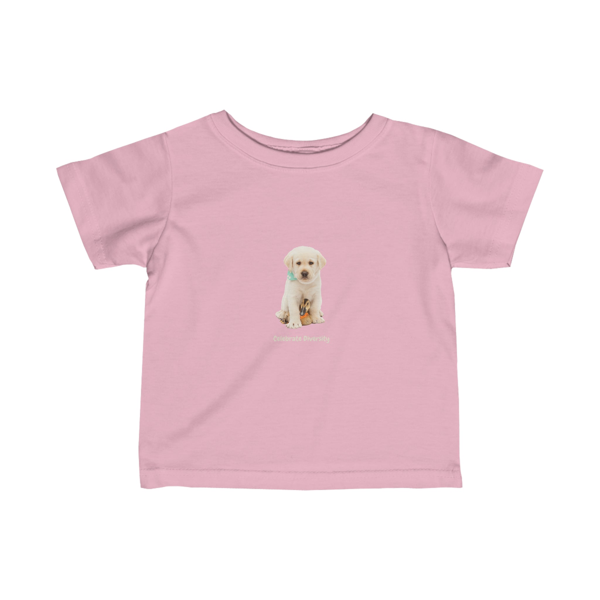 Infant unisex light pink T-shirt with "Celebrate Diversity" inspired graphic with puppy and duck on front.