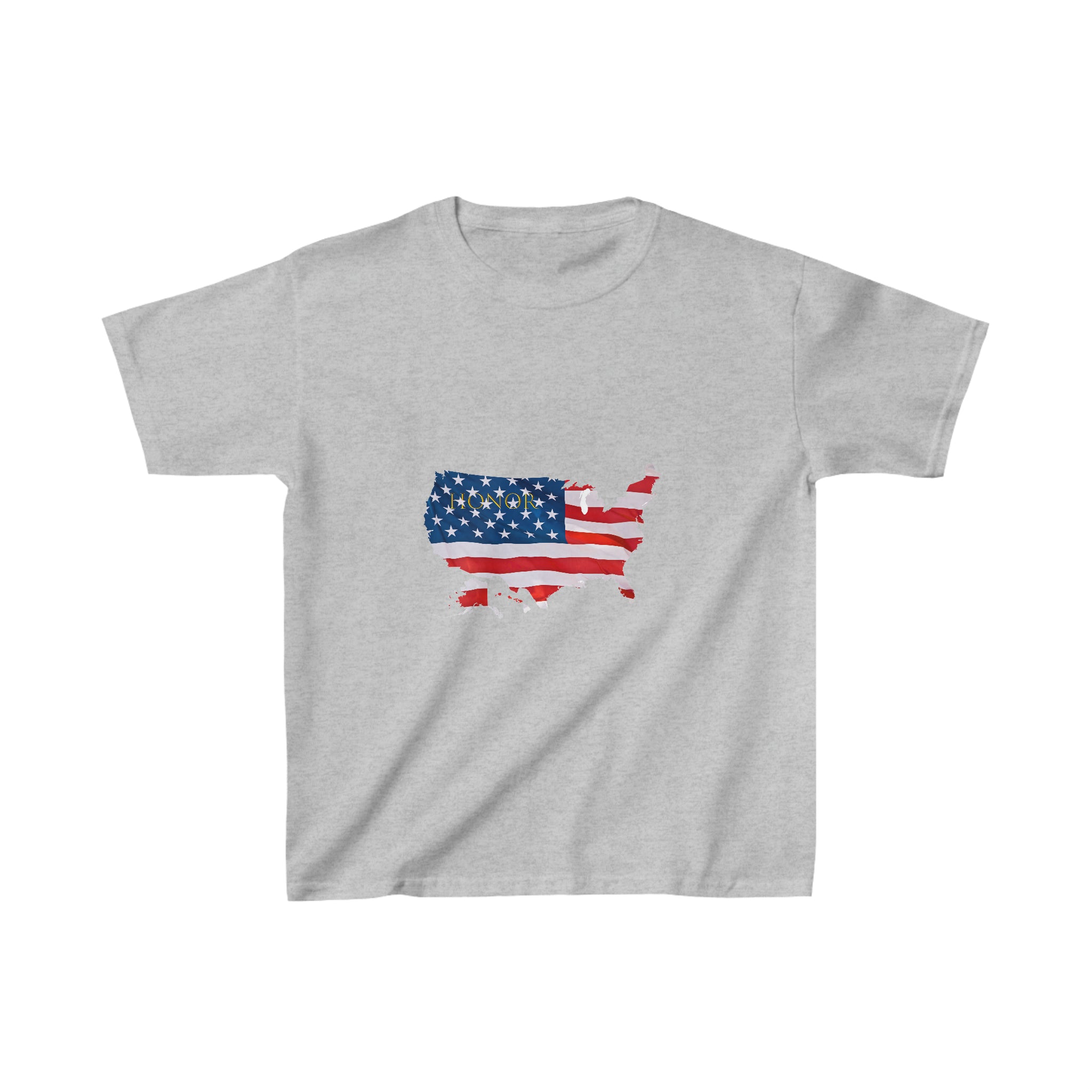 Youth unisex sports grey T-shirt with "Honor USA" inspired American as a Flag graphic on front