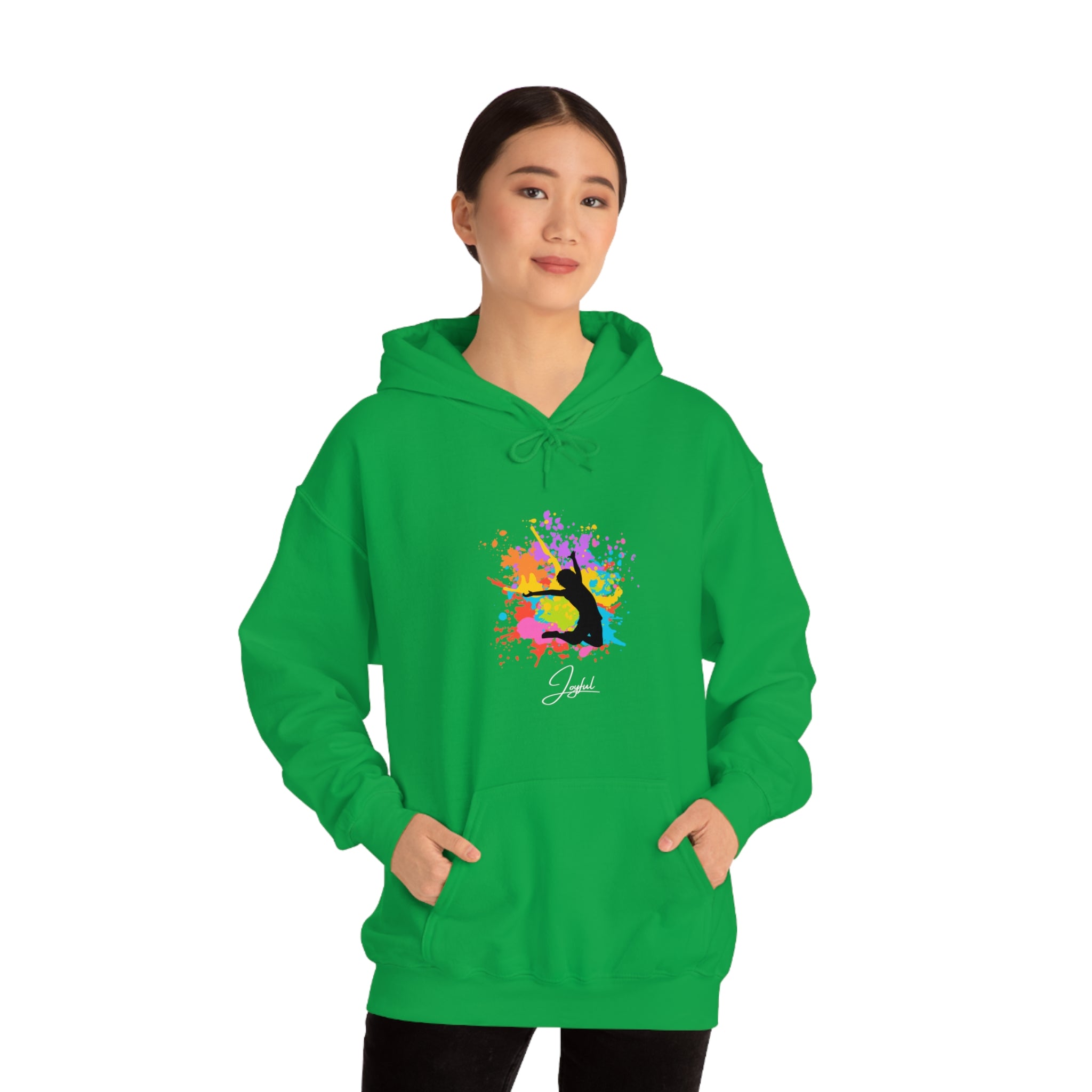 Adult female wearing Irish green hoodie with "Joyful" graphic on front.