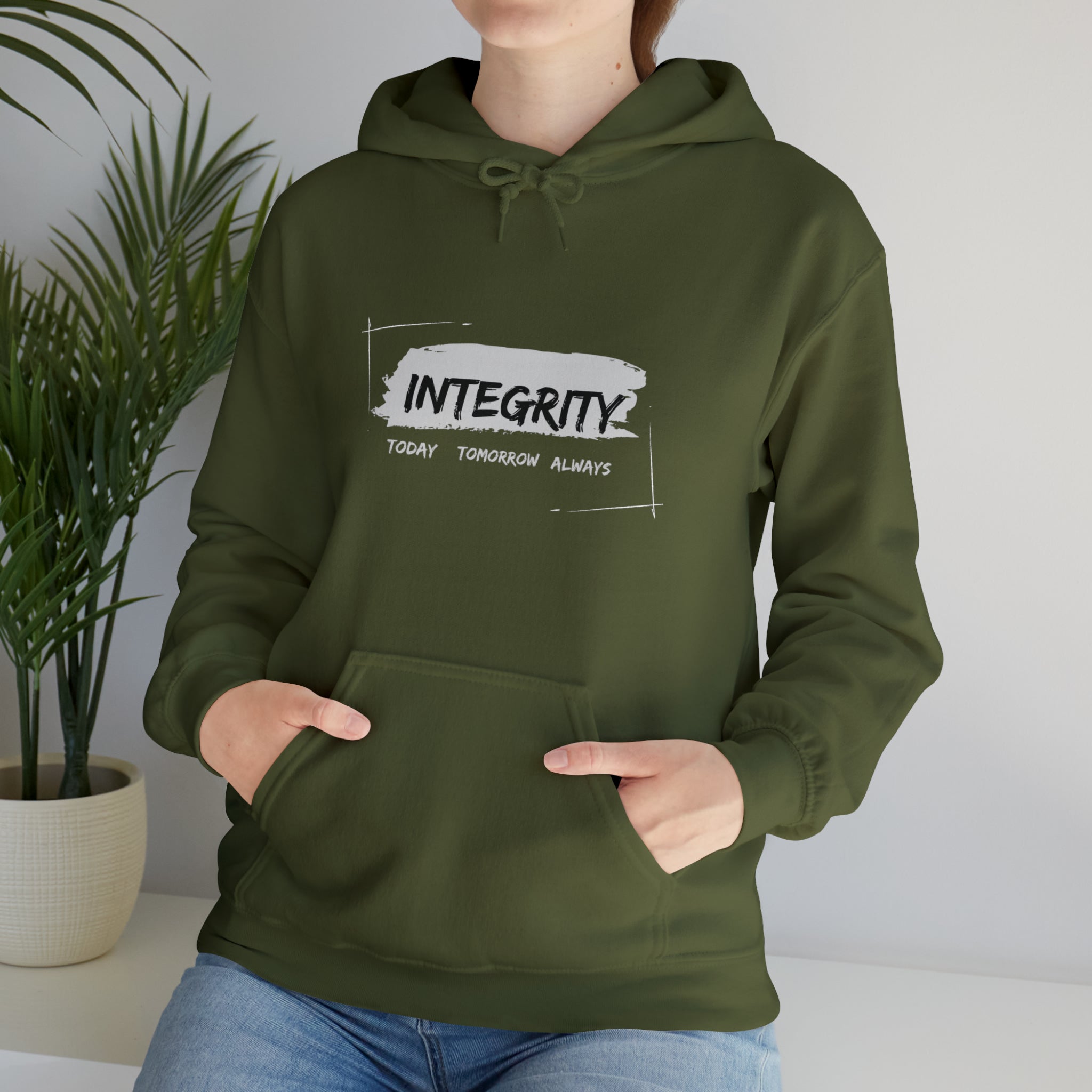 Adult Unisex military green hoodie " Integrity Today Tomorrow Always" inspired image.