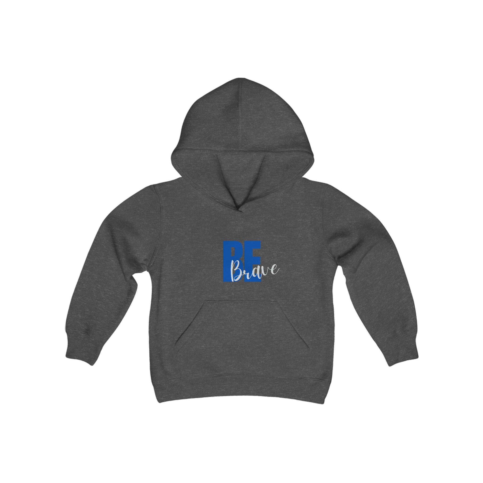 Youth unisex charcoal hoodie with "Be Brave" motivational image on front.