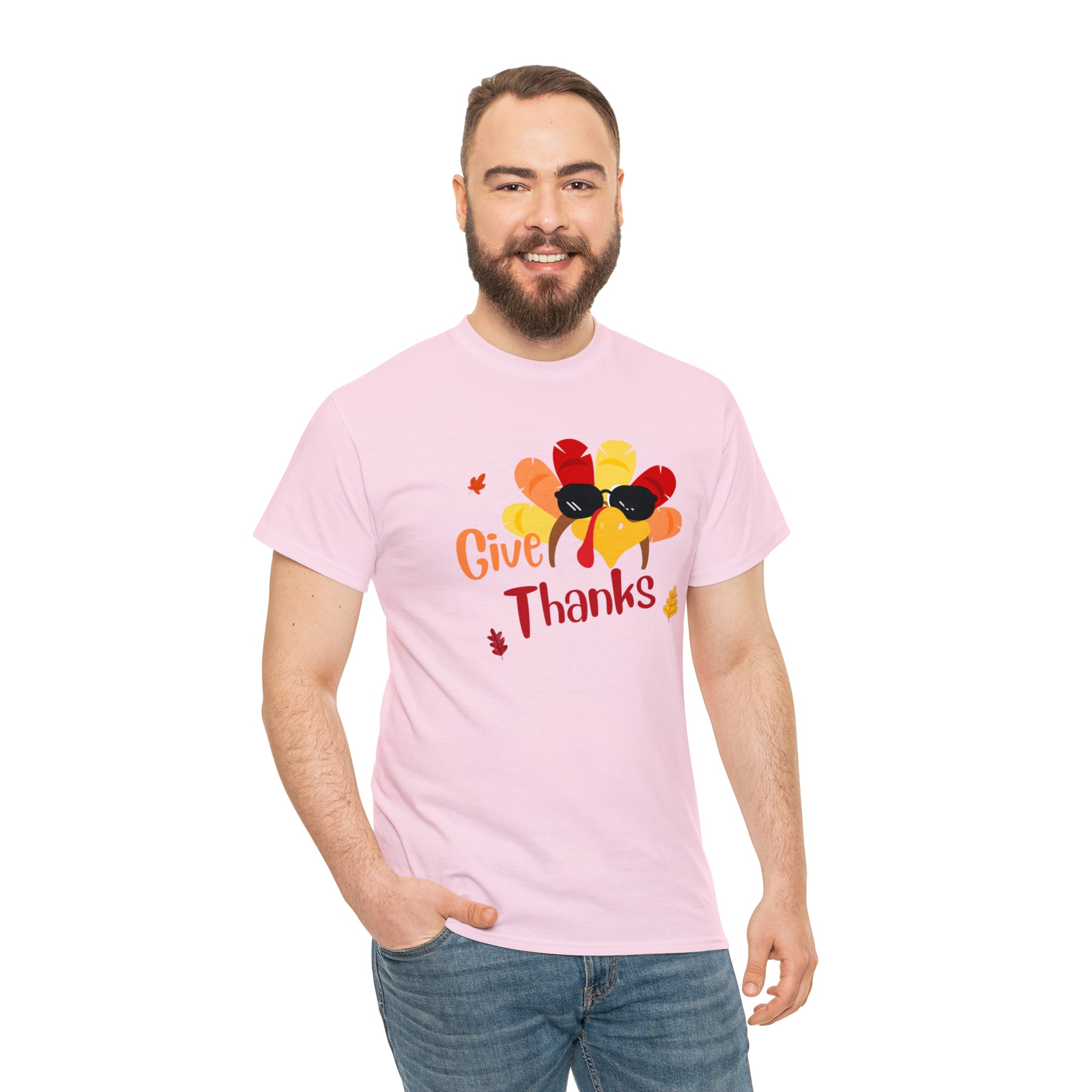 Adult man light pink T-Shirt " Give Thanks" with Turkey head on front.