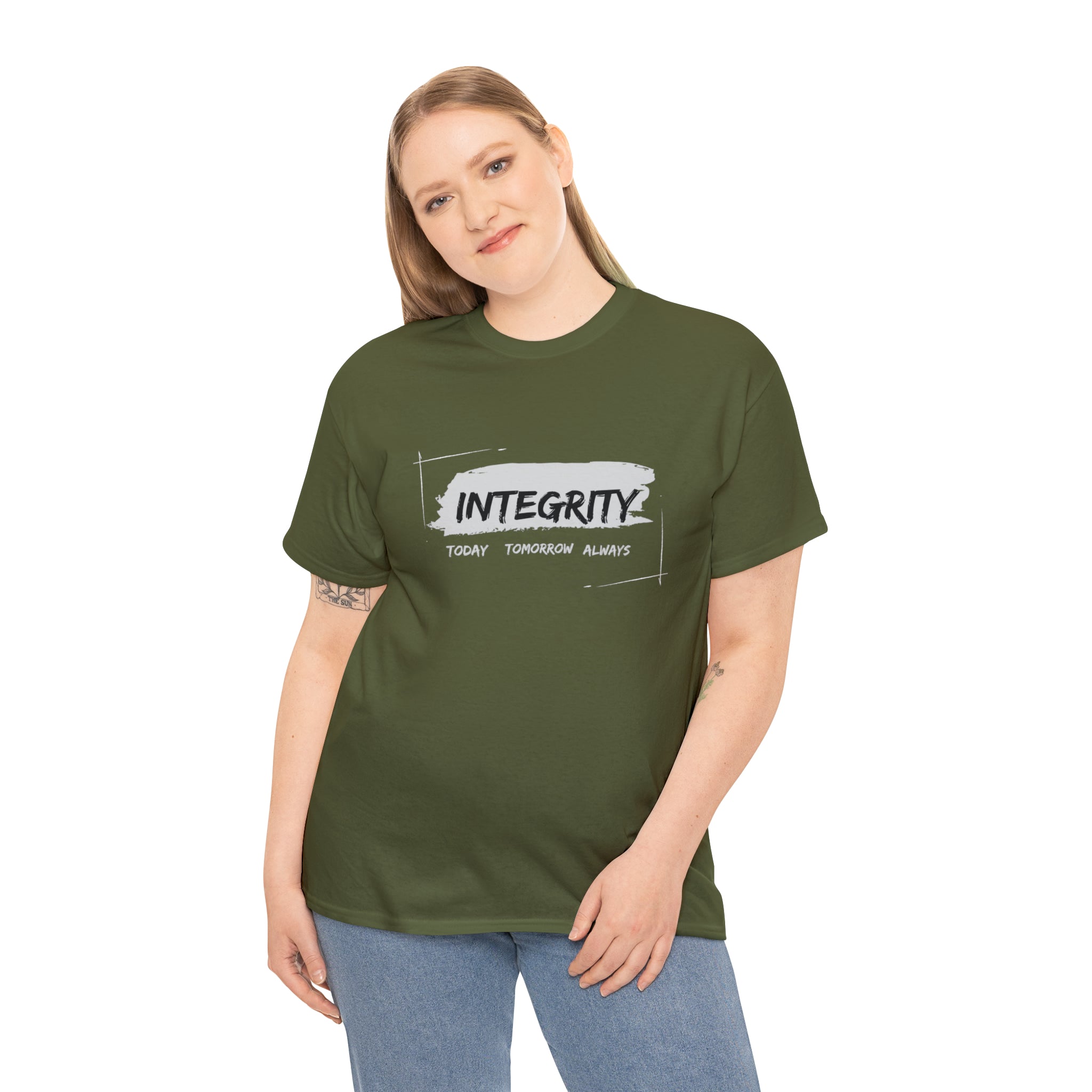 Adult woman wearing military green T-Shirt " Integrity Today Tomorrow Always" inspired image.