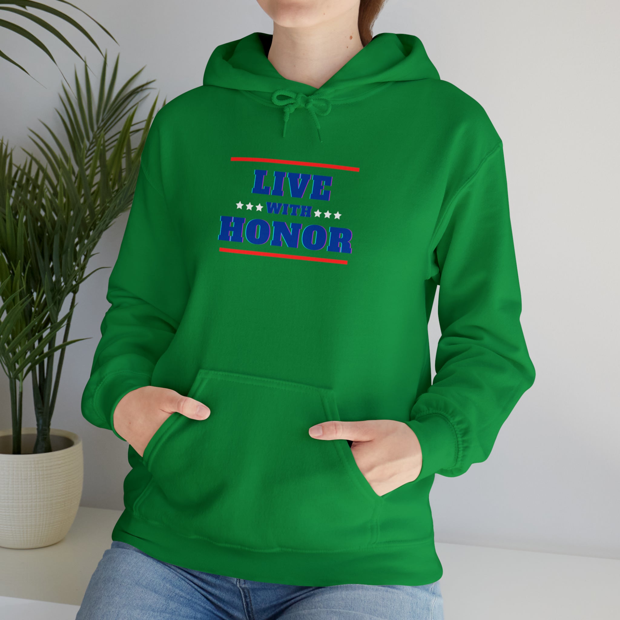 Adult female wearing irish green  hoodie " Live With Honor" inspired images
