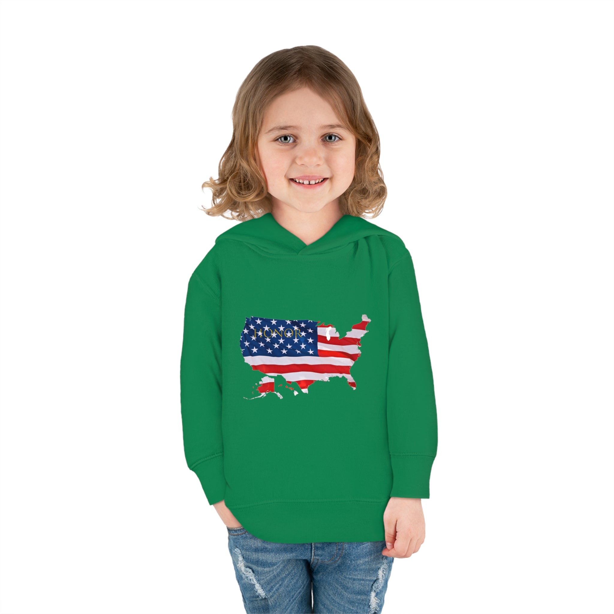 Toddler Girl wearing irish green Hoodie with "Honor USA" inspired American as a Flag graphic on front.