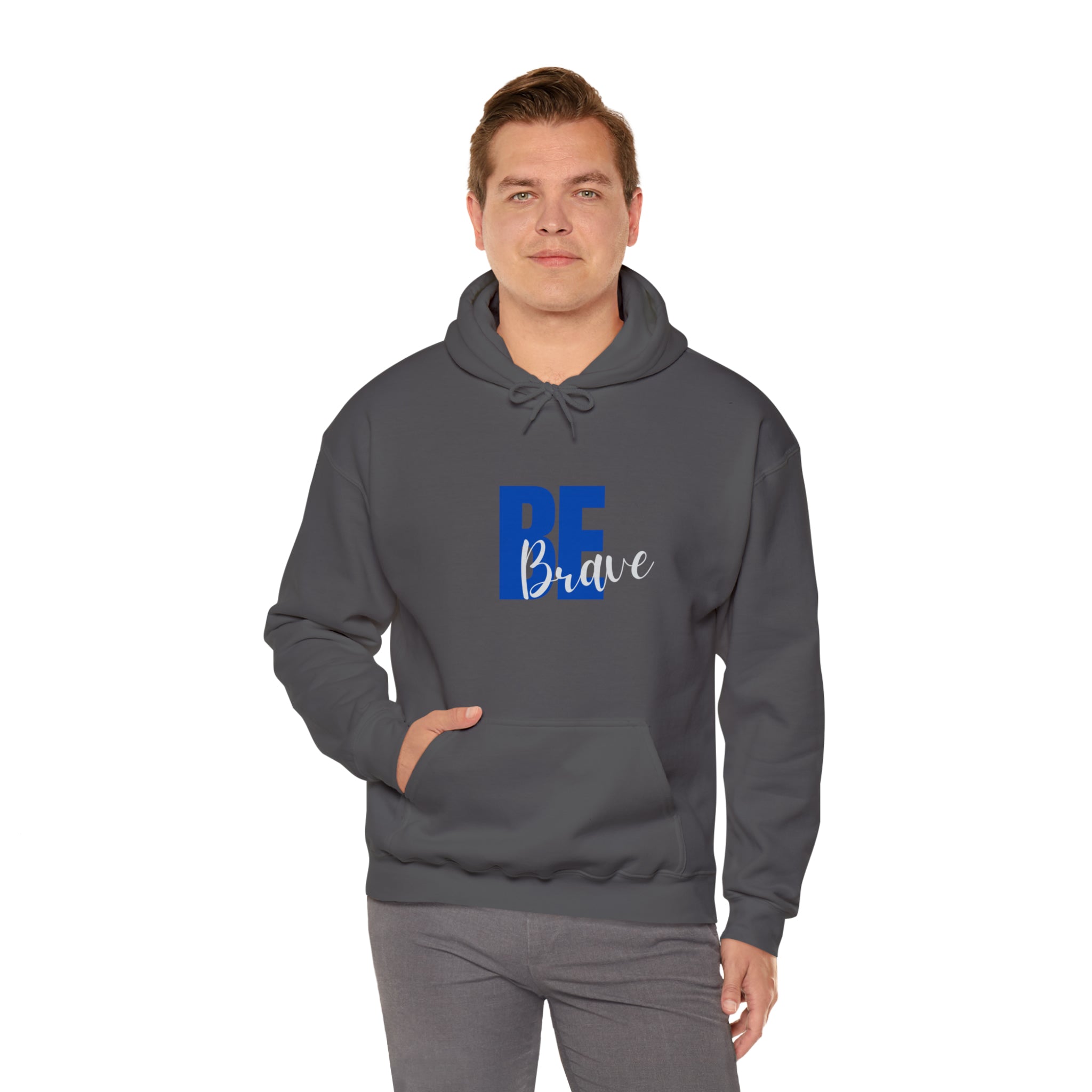 Adult man wearing charcoal hoodie with "Be Brave" motivational image on front.