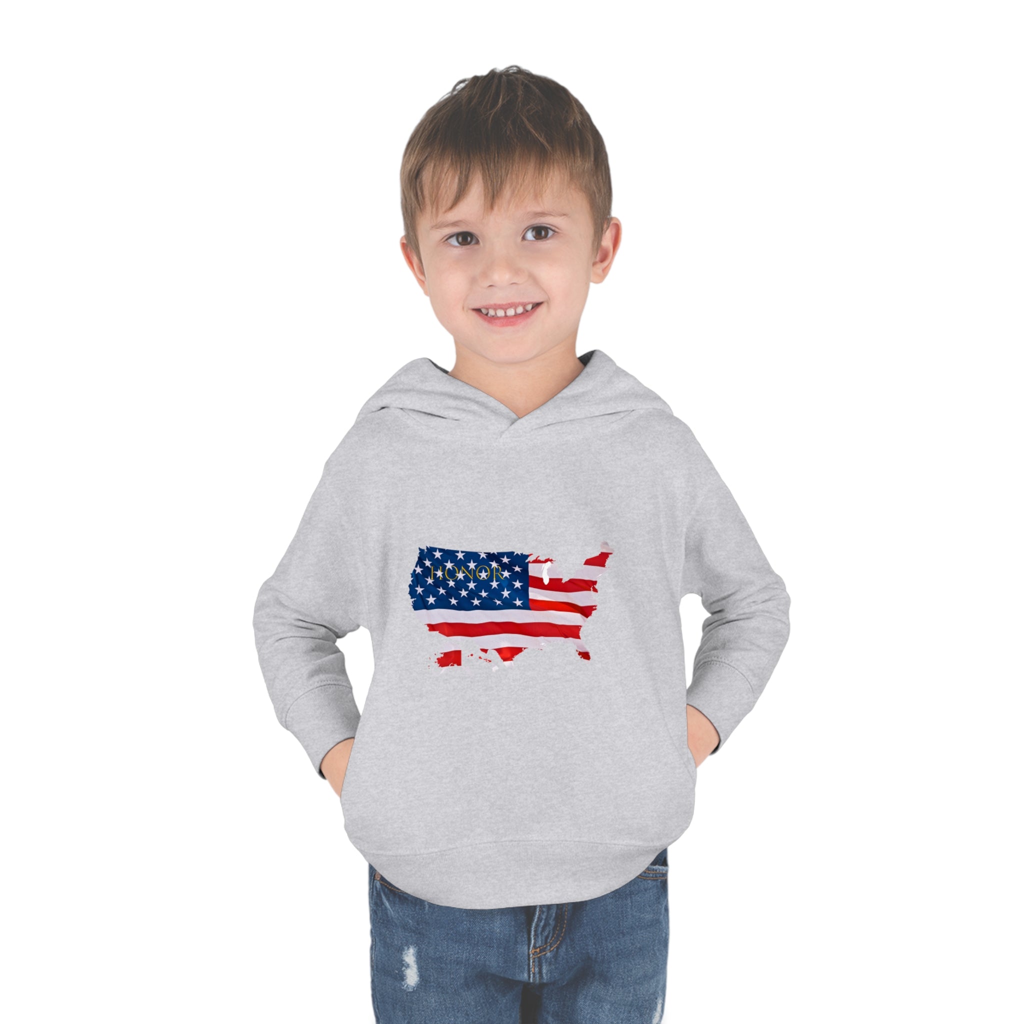Toddler Boy wearing sport grey Hoodie with "Honor USA" inspired American as a Flag graphic on front.