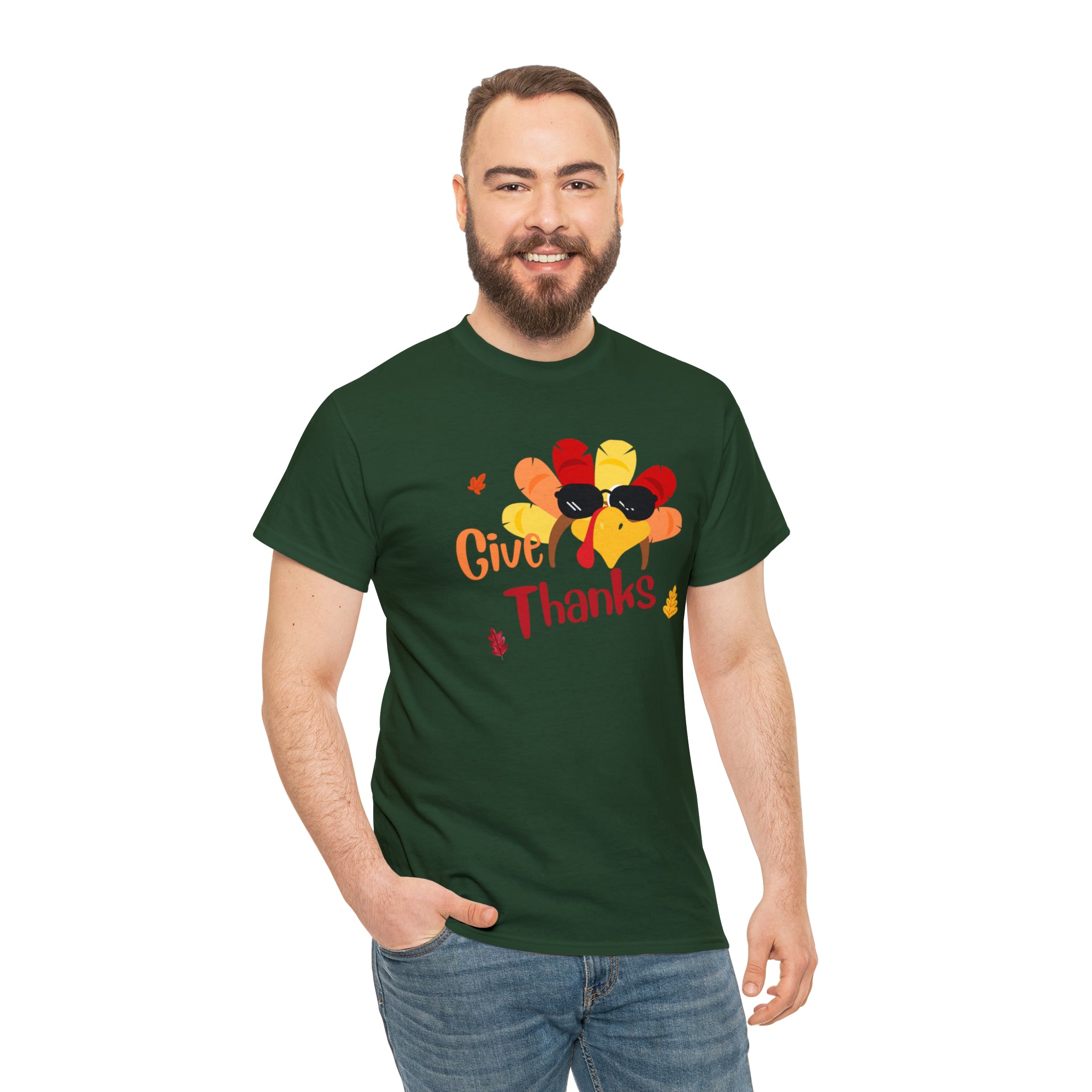 Adult man hunter green T-Shirt " Give Thanks" with Turkey head on front.