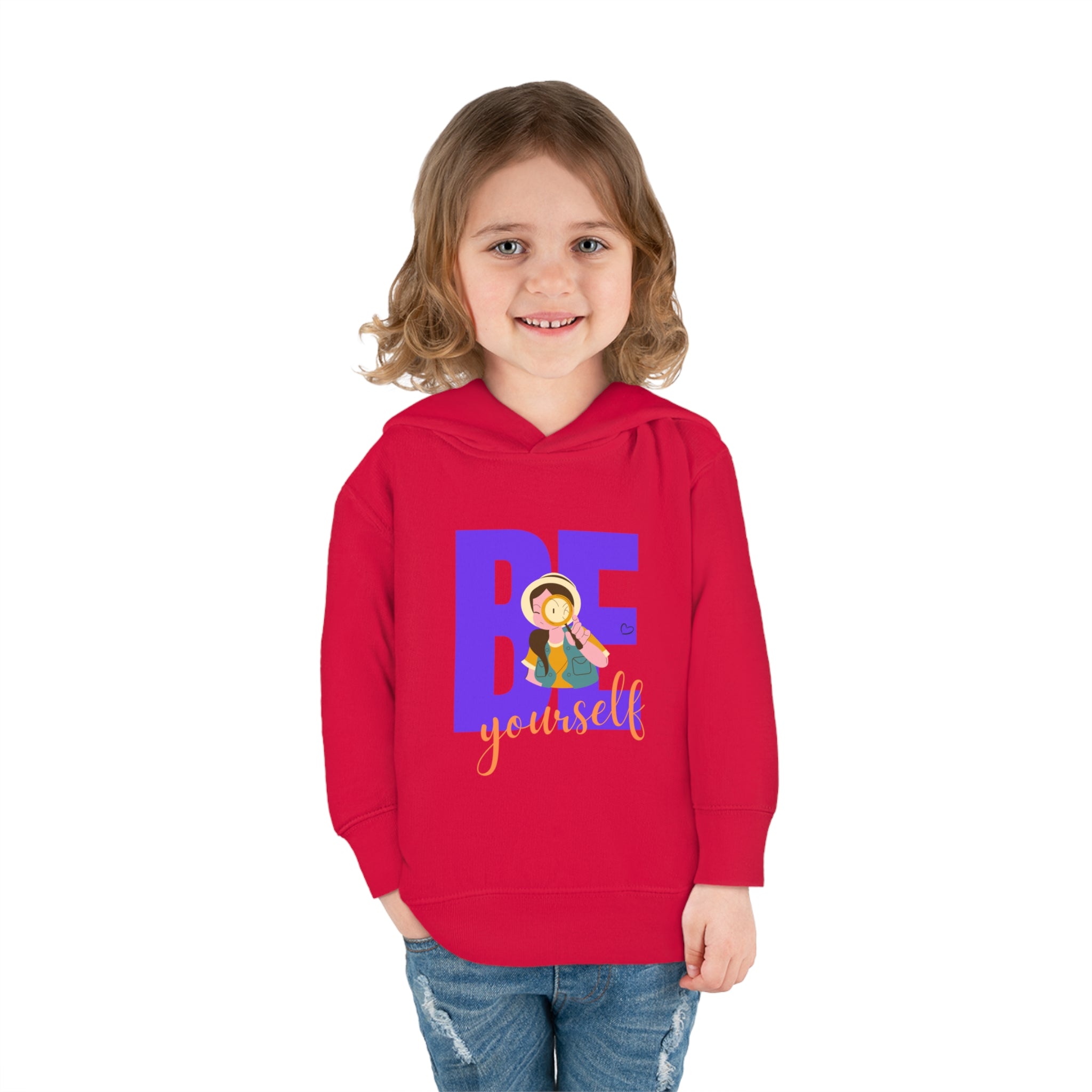 Toddler girls wearing red hoodie with "Be Yourself" motivational image on front.