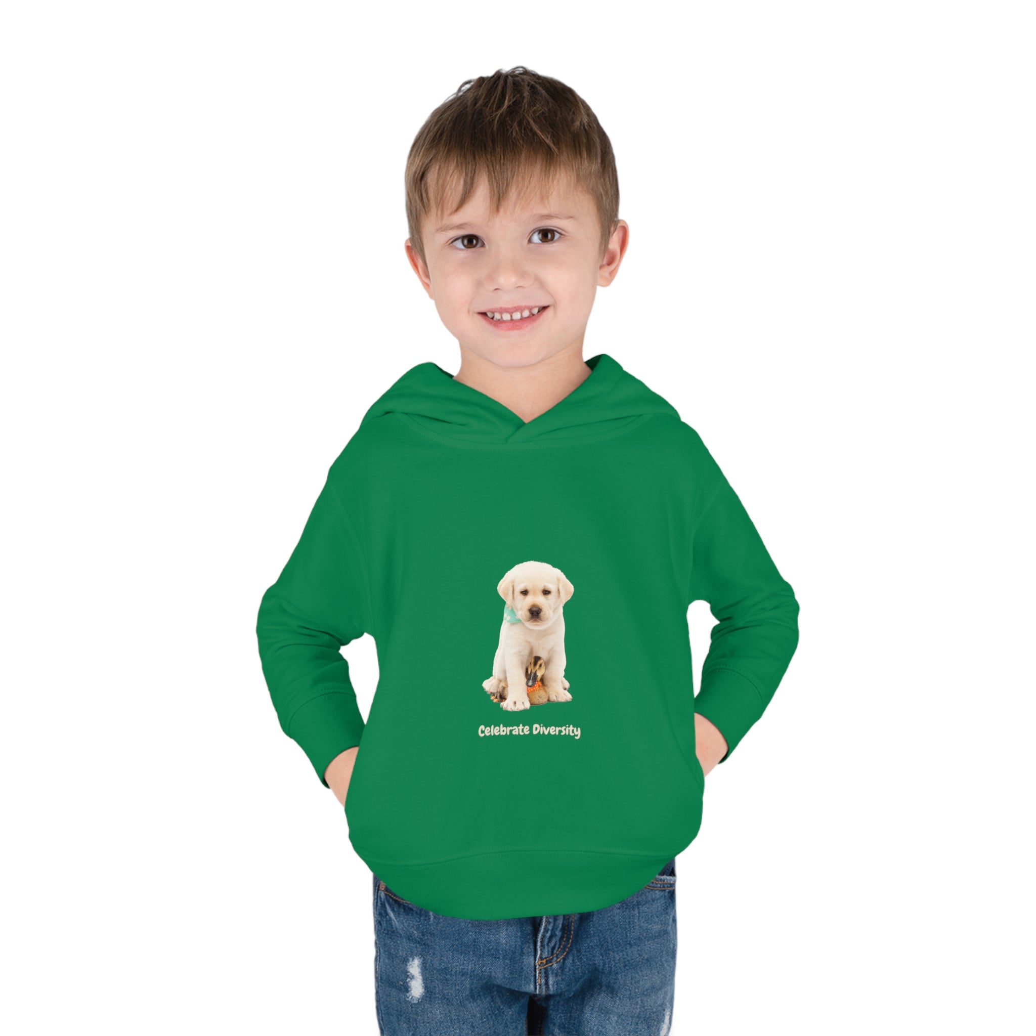 Toddler boy wearing kelly unisex hoodie with "Celebrate Diversity" inspired graphic with puppy and duck on front.