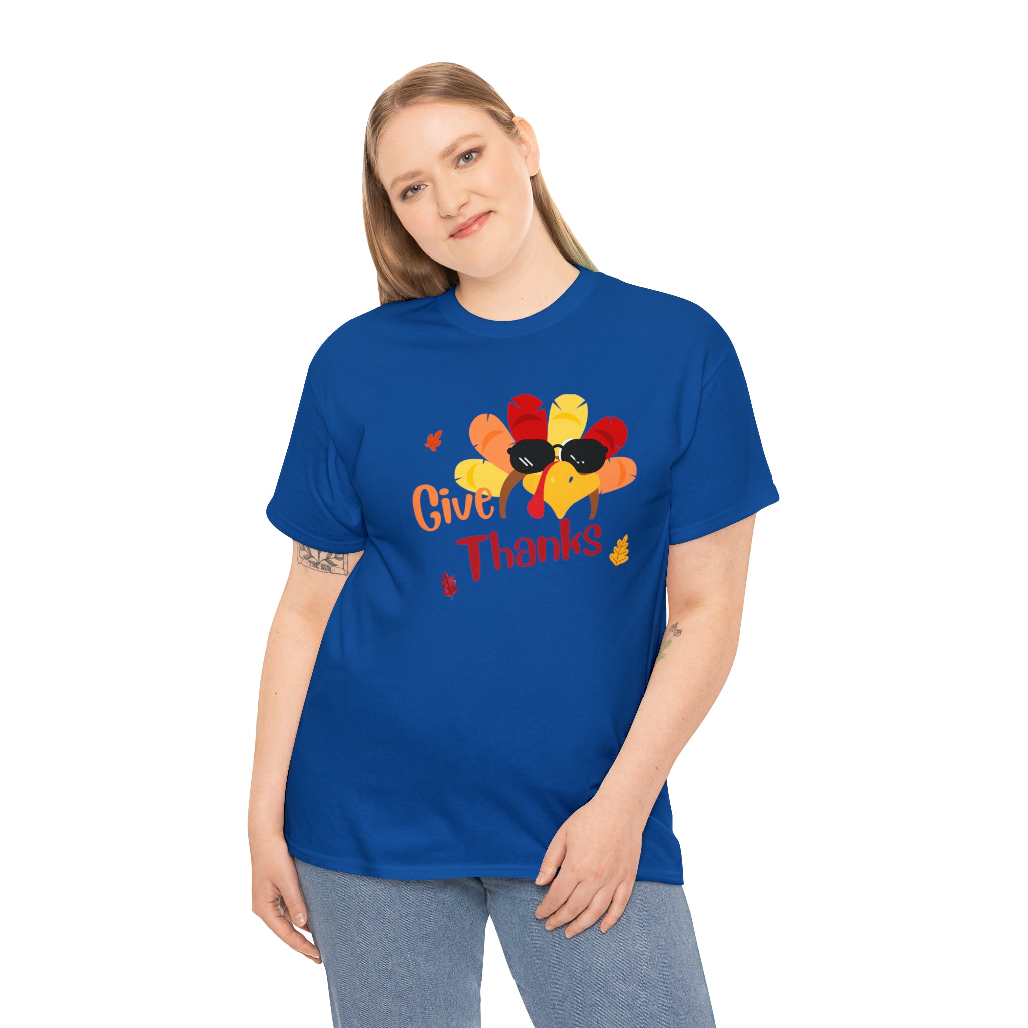 Adult women royal  T-Shirt " Give Thanks" with Turkey head on front.