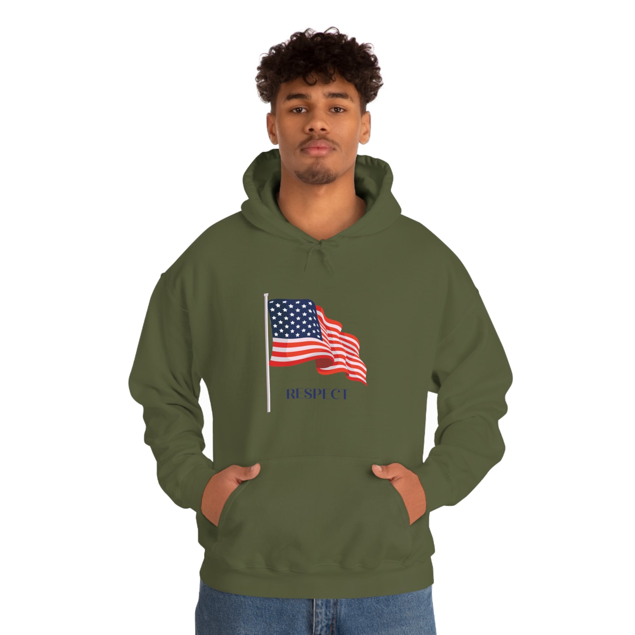 Adult male wearing military green hoodie with "Respect" inspired American Flag on front.