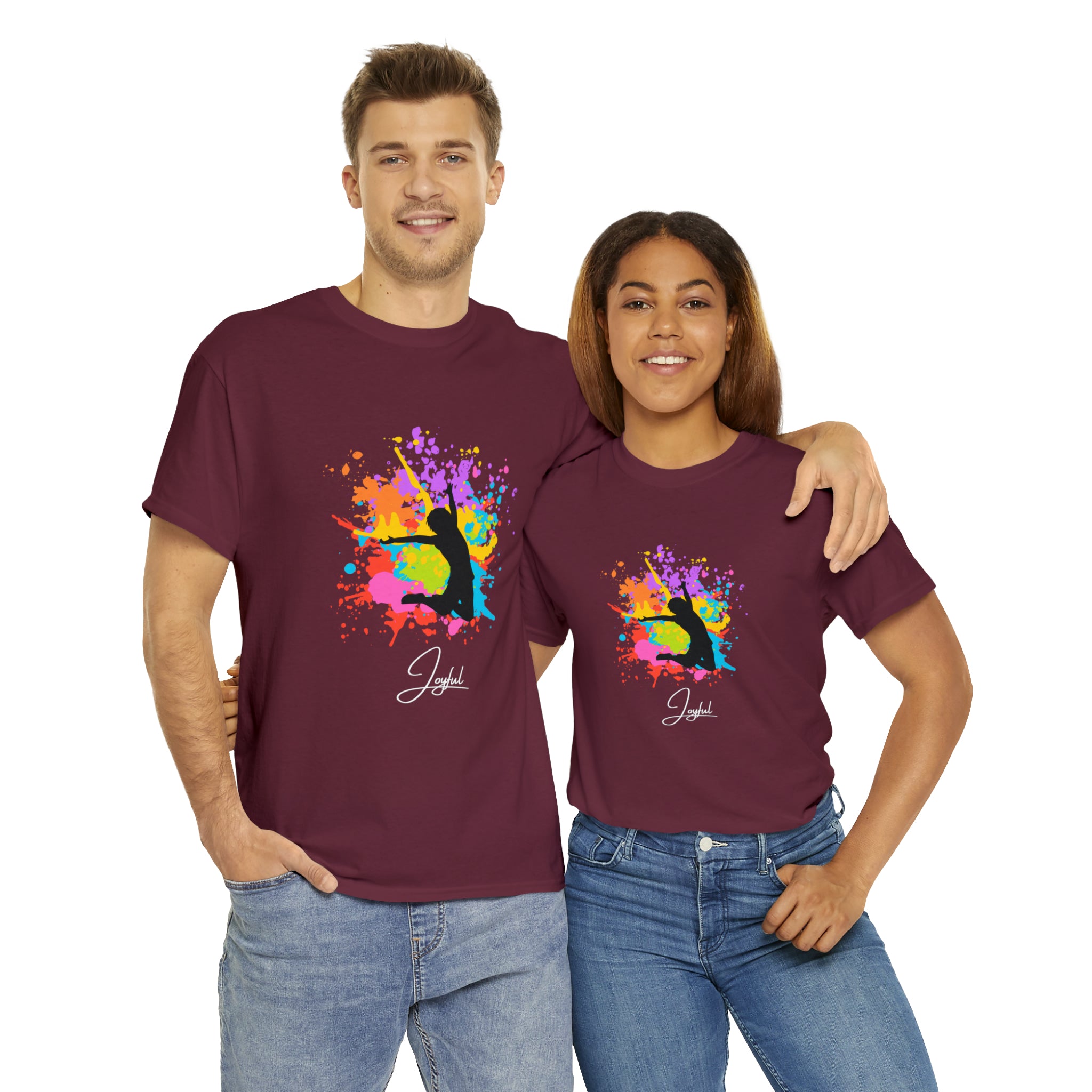 Adult Male and Female wearing  T-Shirts with" maroon Joyful" inspired graphic on front.