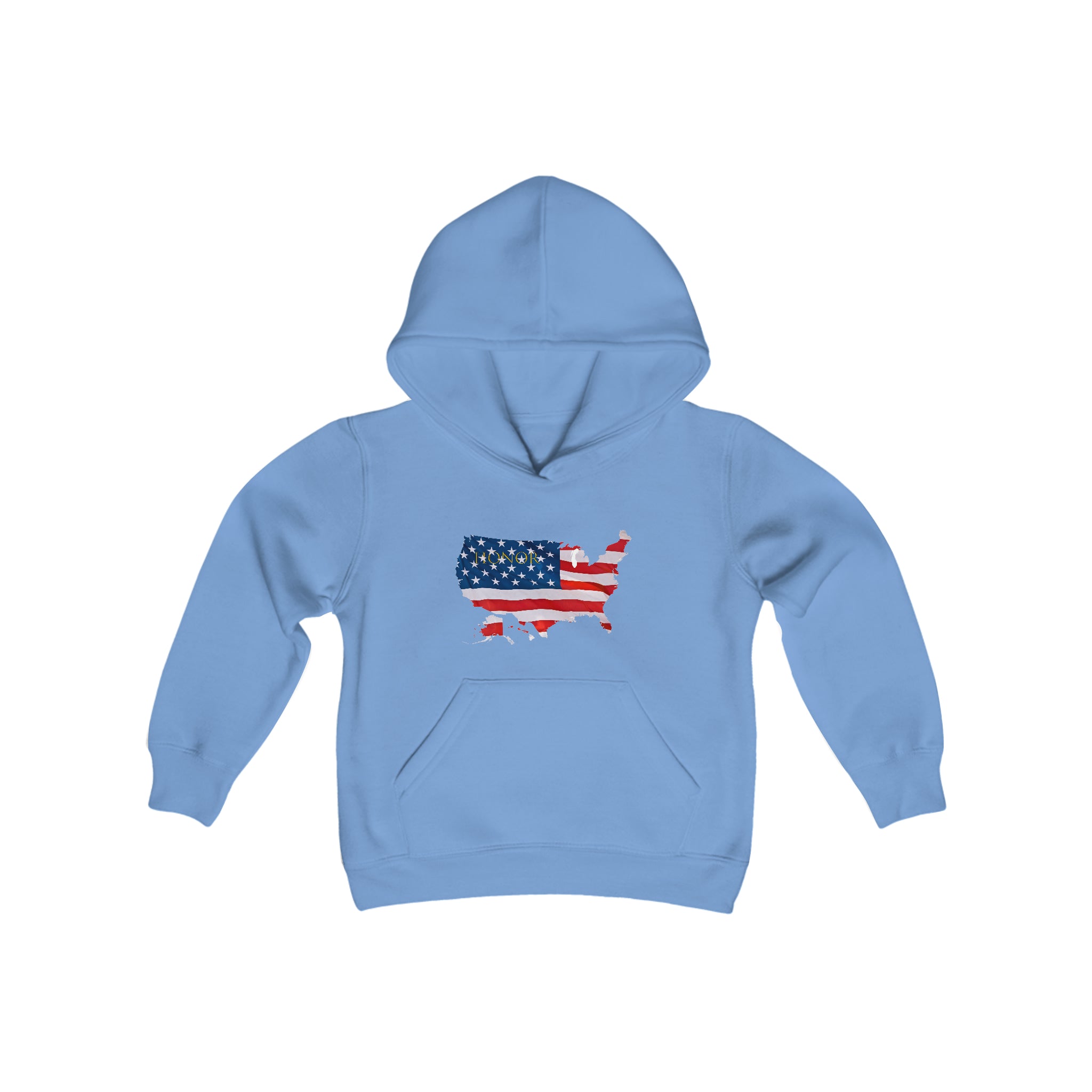 Youth unisex carolina blue hoodie with "Honor USA" inspired American as a Flag graphic on front.