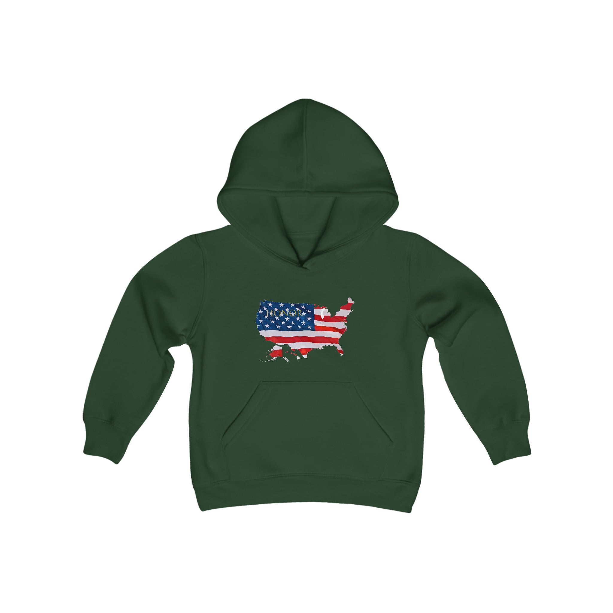Youth unisex forest green  hoodie with "Honor USA" inspired American as a Flag graphic on front.
