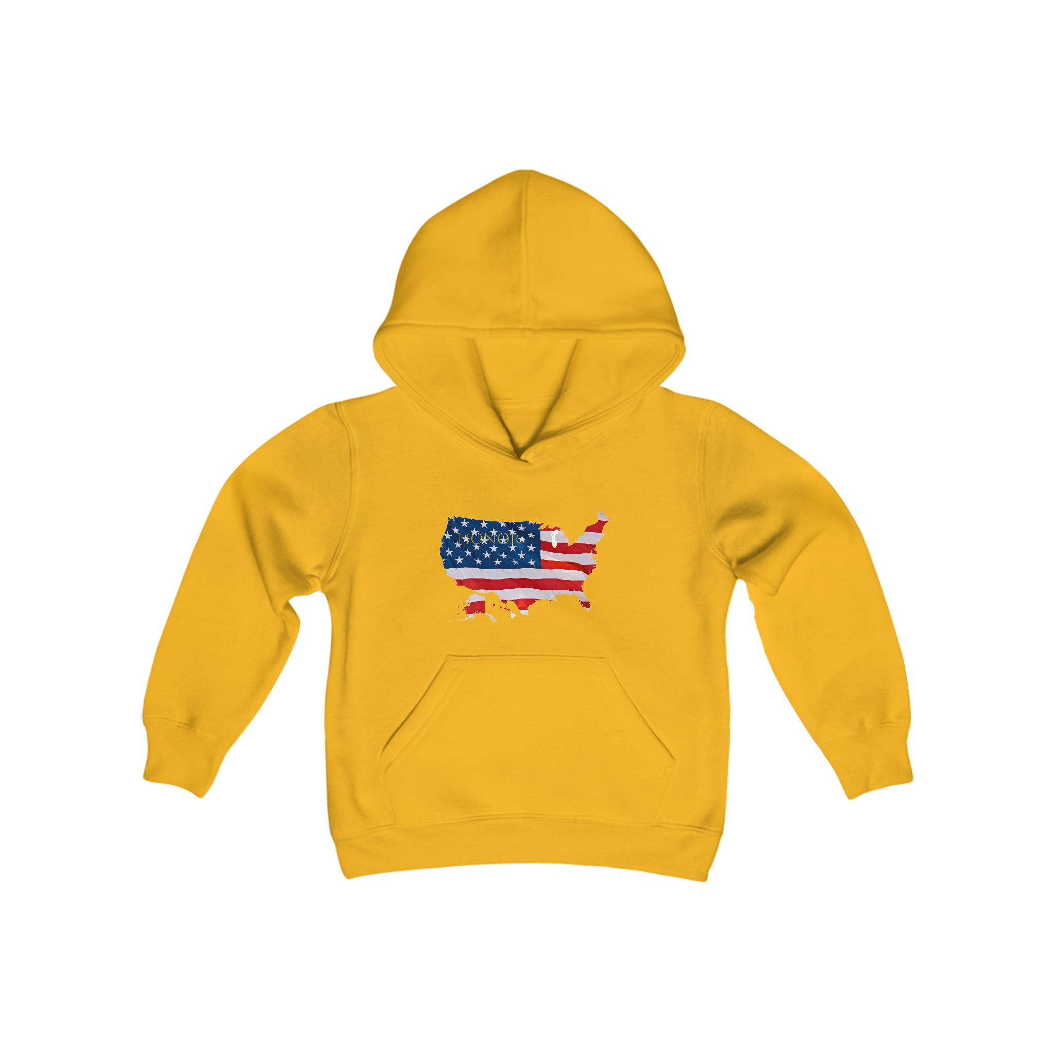 Youth unisex gold hoodie with "Honor USA" inspired American as a Flag graphic on front.