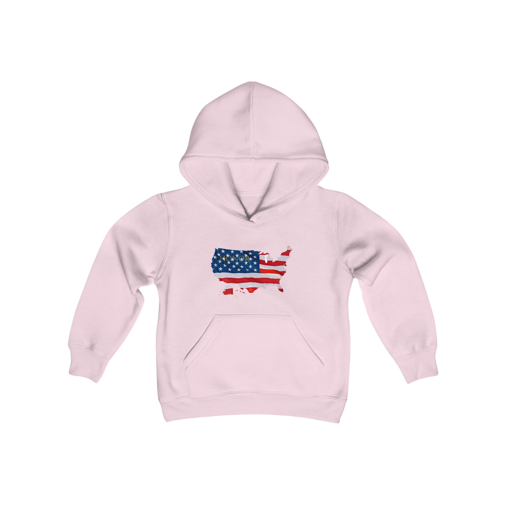 Youth unisex light pink hoodie with "Honor USA" inspired American as a Flag graphic on front.