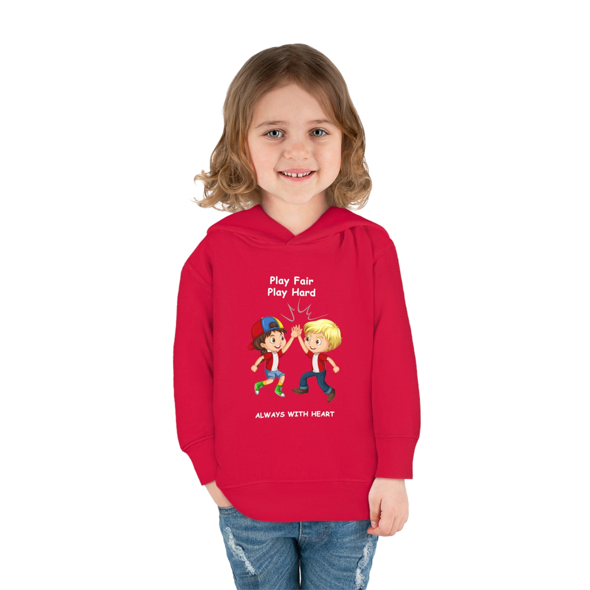  Girl Toddler wearing unisex red hoodie with " Play Fair Play Hard Always with Heart" inspired graphic