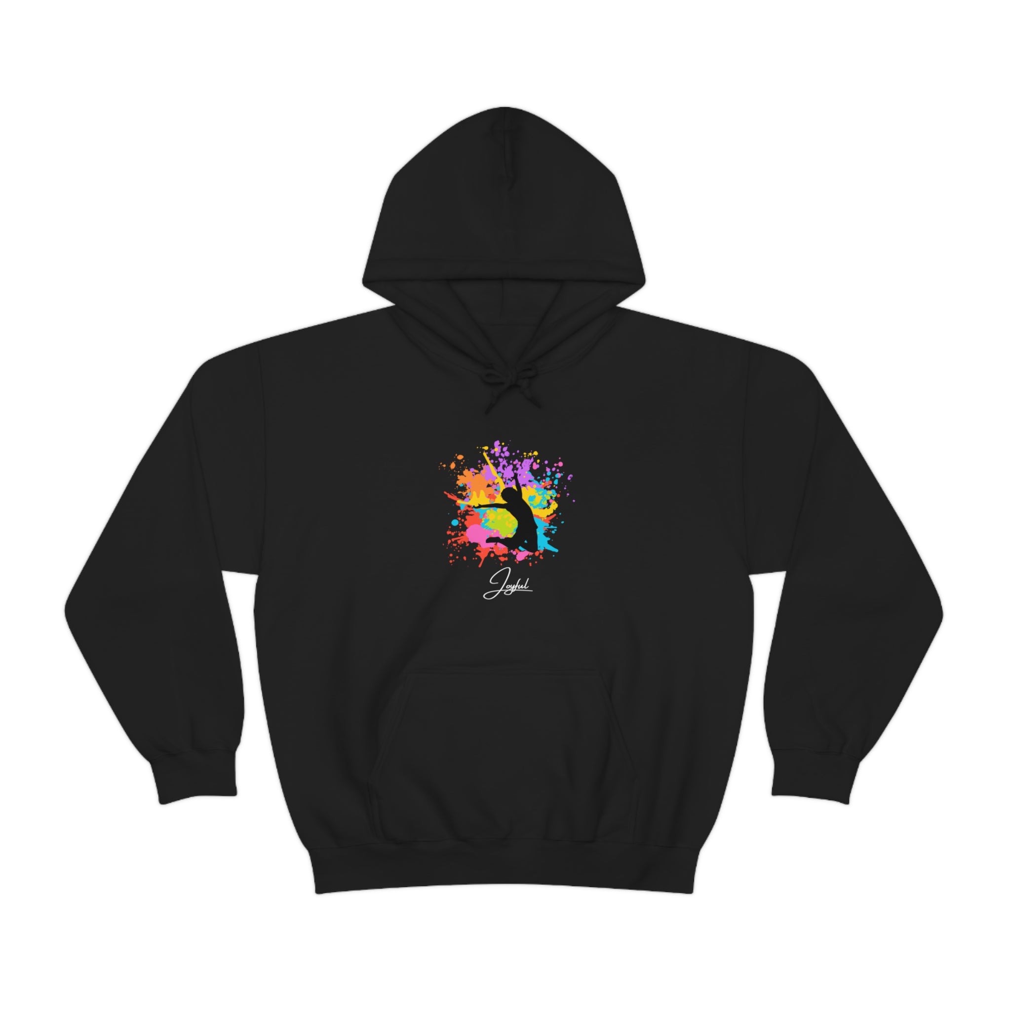 Adult unisex black hoodie with "Joyful" graphic on front