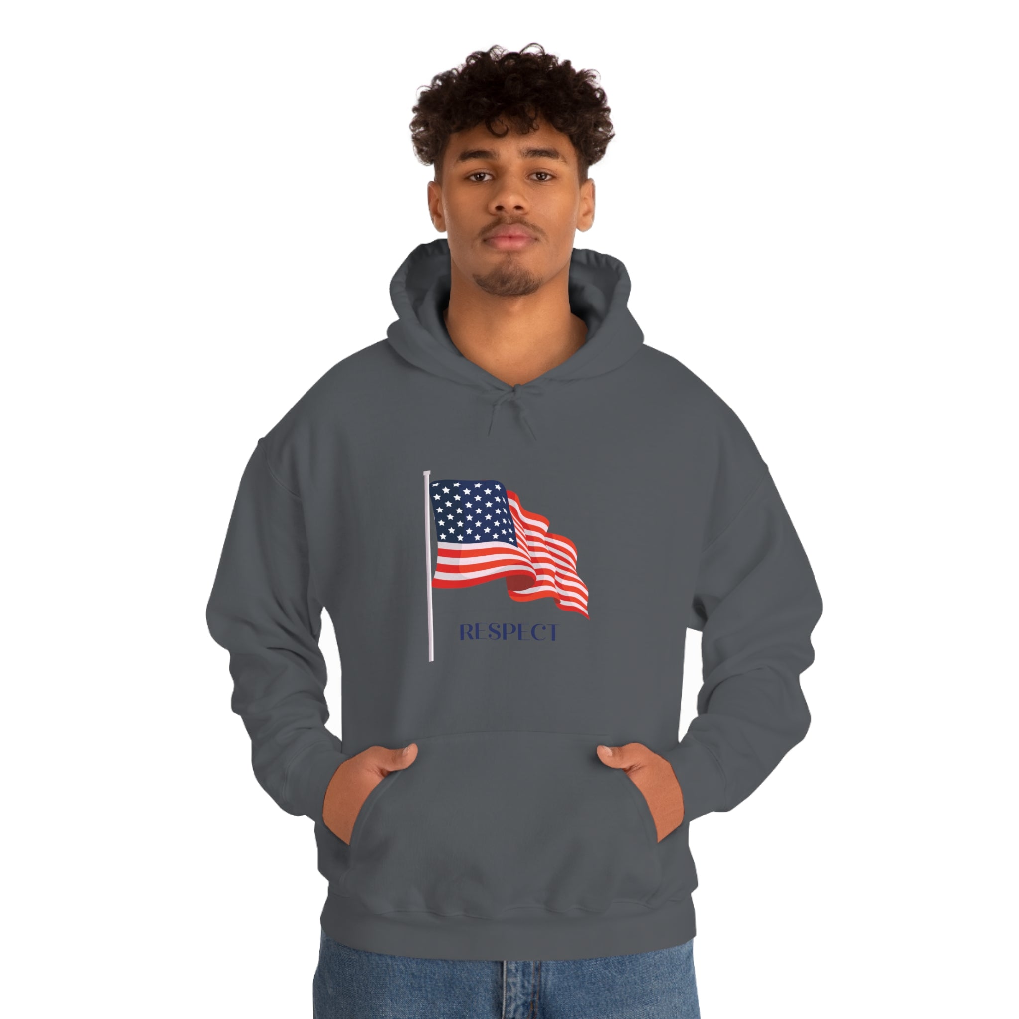 Adult male wearing heather hoodie with "Respect" inspired American Flag on front.