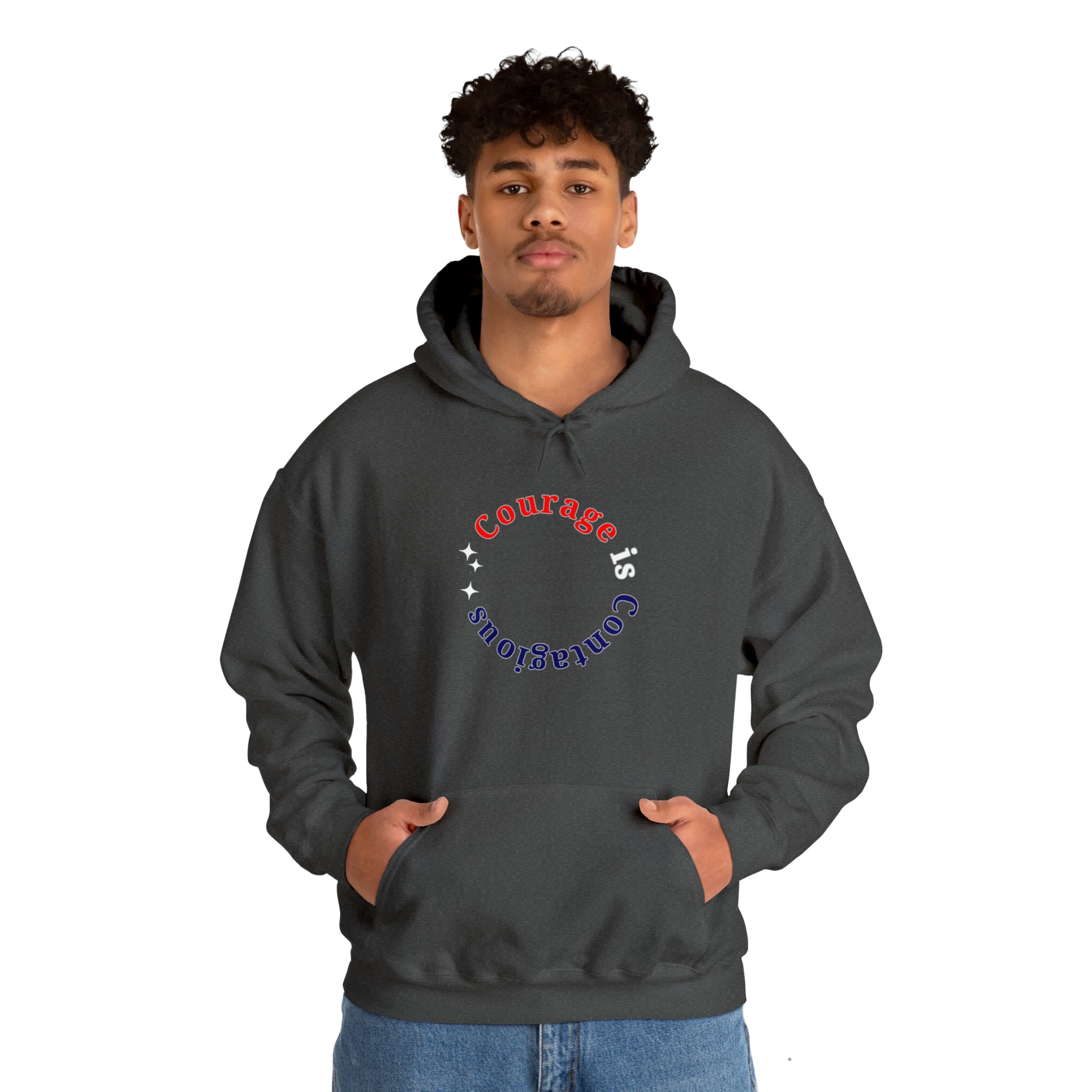 Adult man wearing dark heather hoodie " Courage is Contagious" inspired message on front.