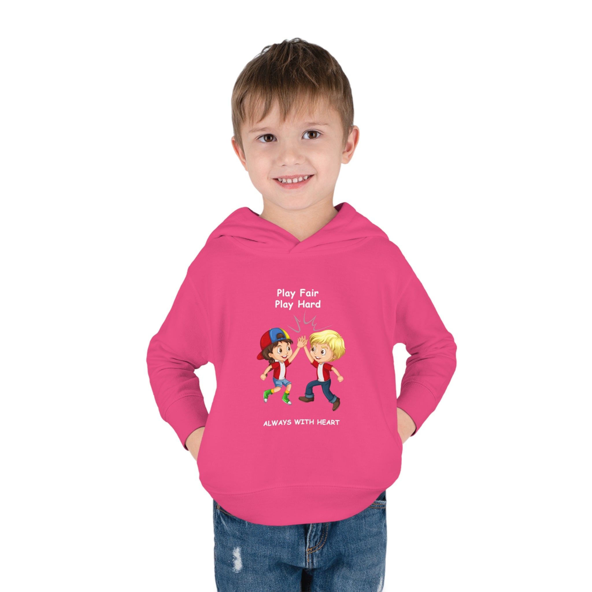 Boy  Toddler wearing unisex Helicion hoodie with " Play Fair Play Hard Always with Heart" inspired graphic