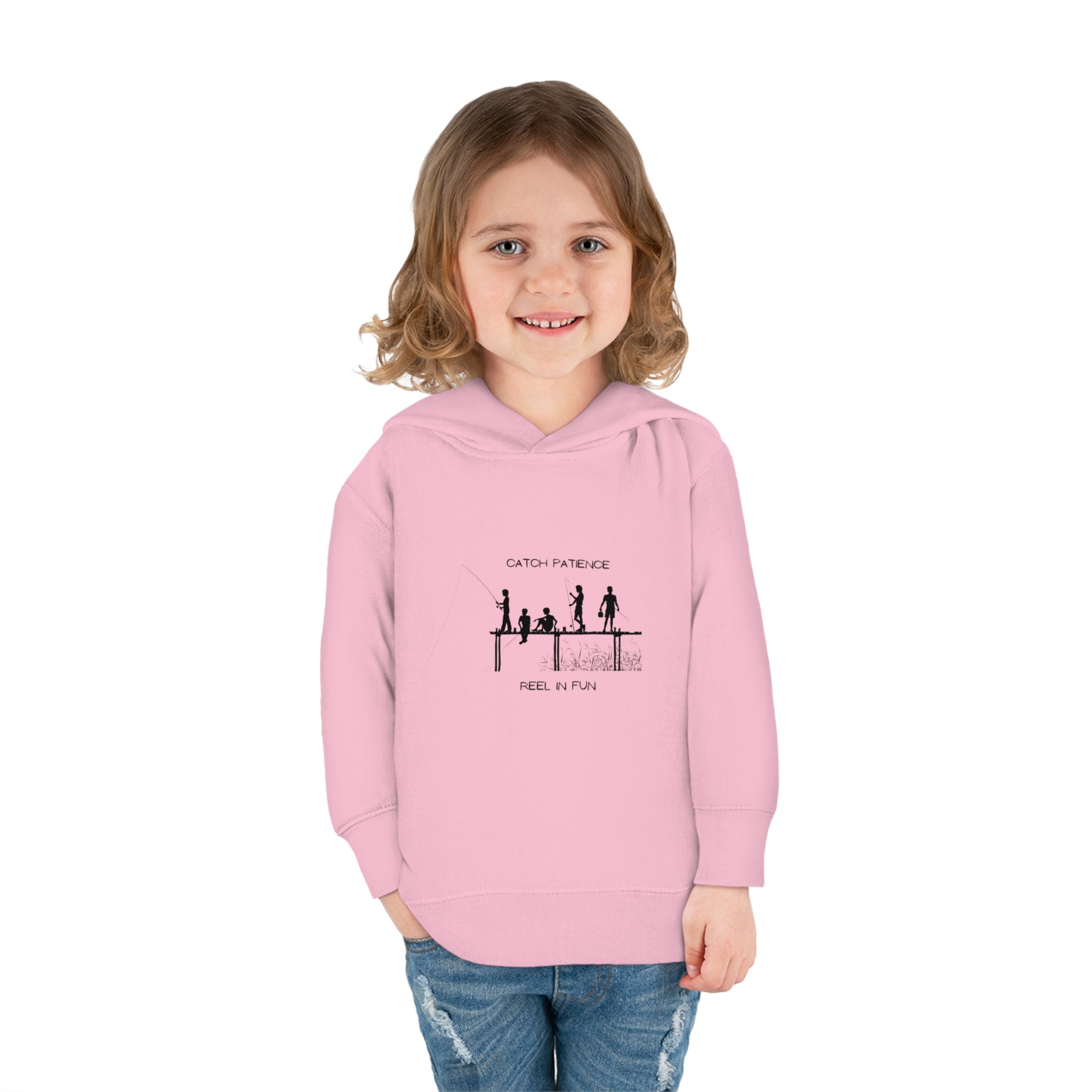 Girl Toddler unisex wearing light pink hoodie with "Catch Patience Reel in Fun" inspired graphic of people fishing.