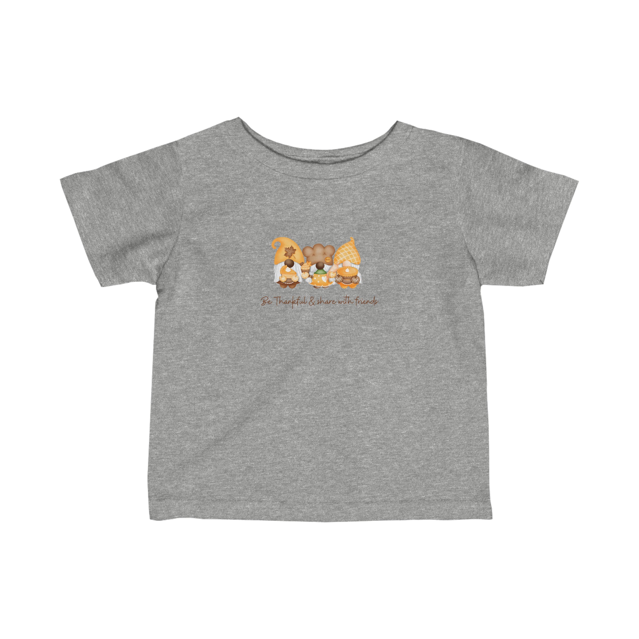 Infant unisex sports grey T-shirt, Be Thankful & Share with friends Gnome images on front.