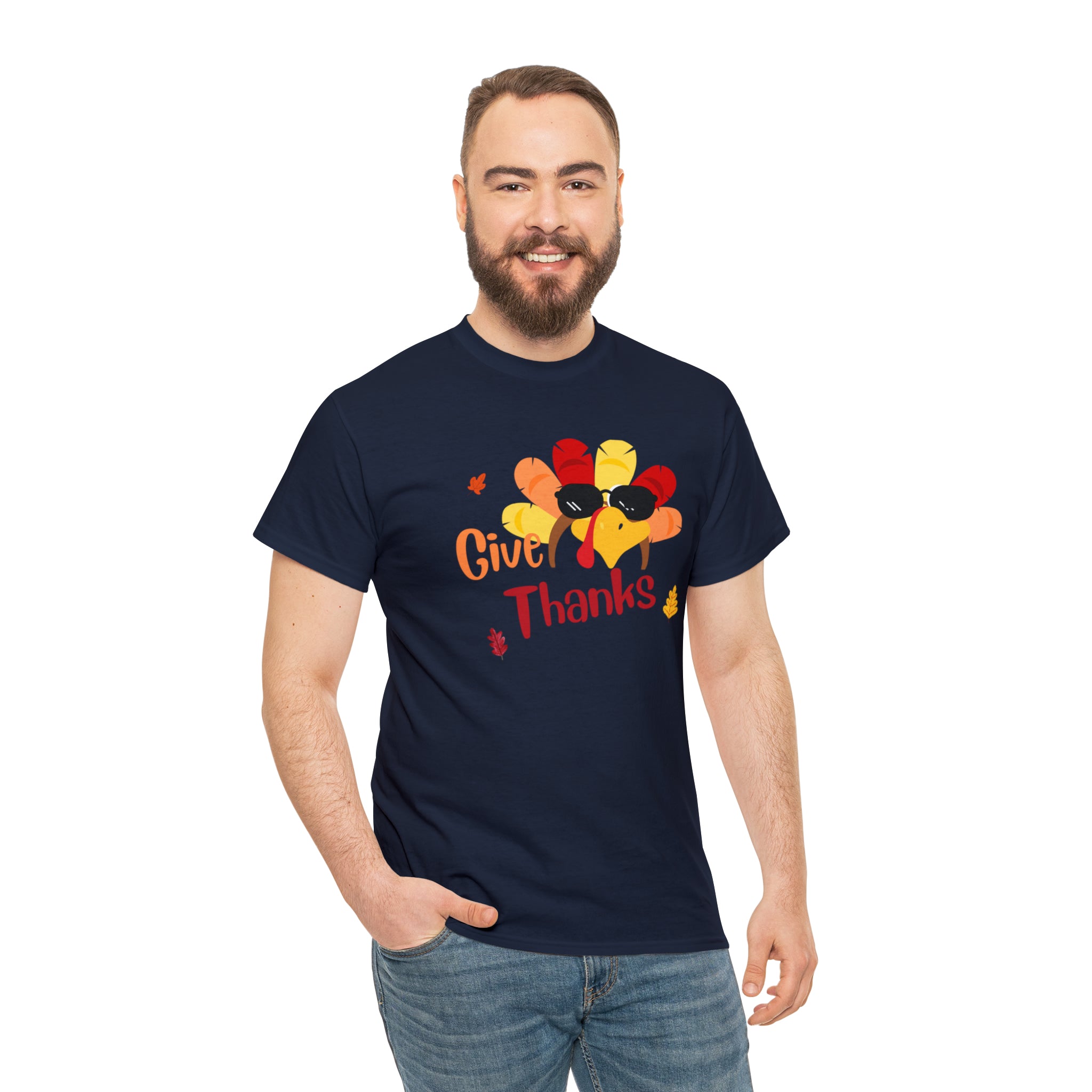 Adult men navy T-Shirt " Give Thanks" with Turkey head on front.