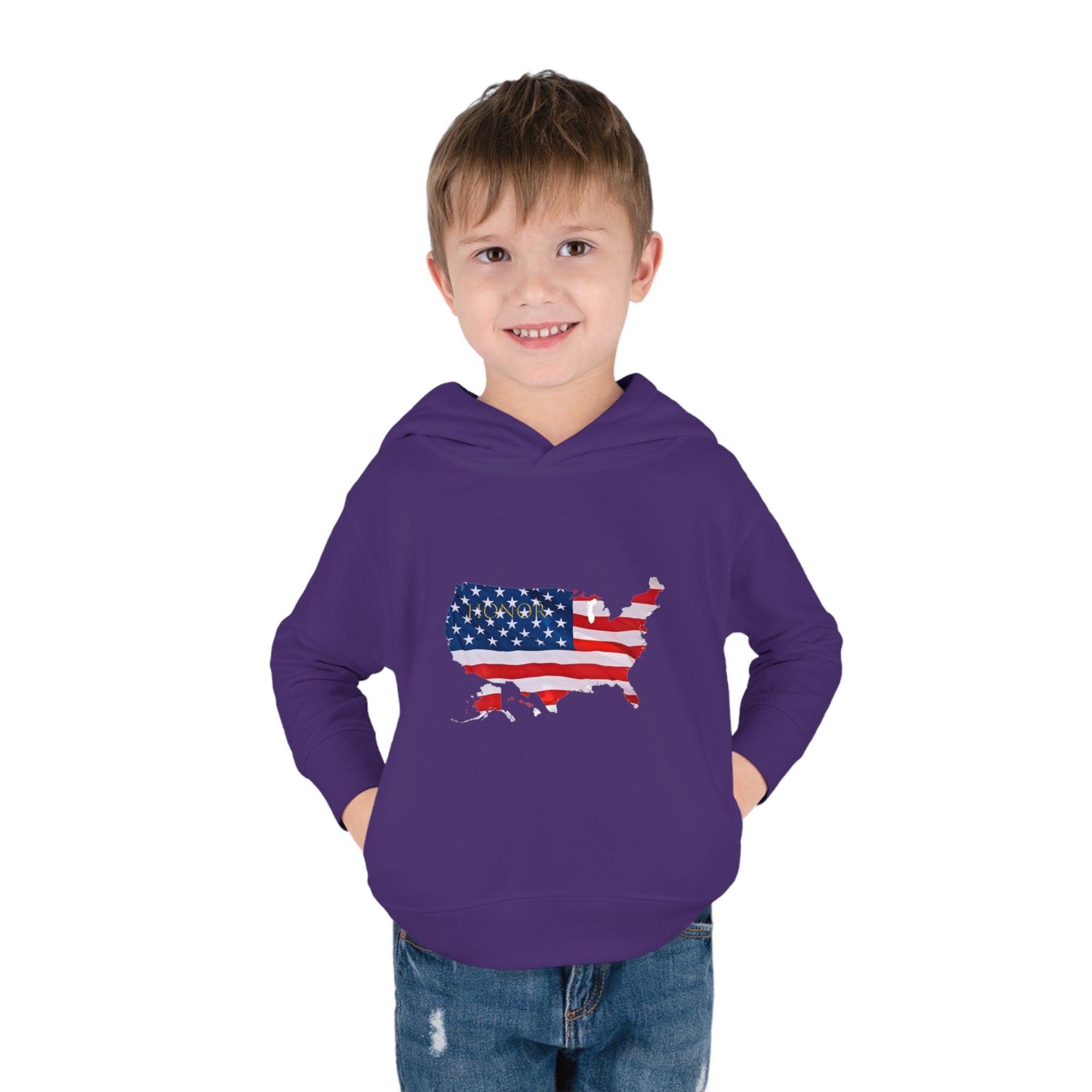 Toddler Boy wearing purple Hoodie with "Honor USA" inspired American as a Flag graphic on front.