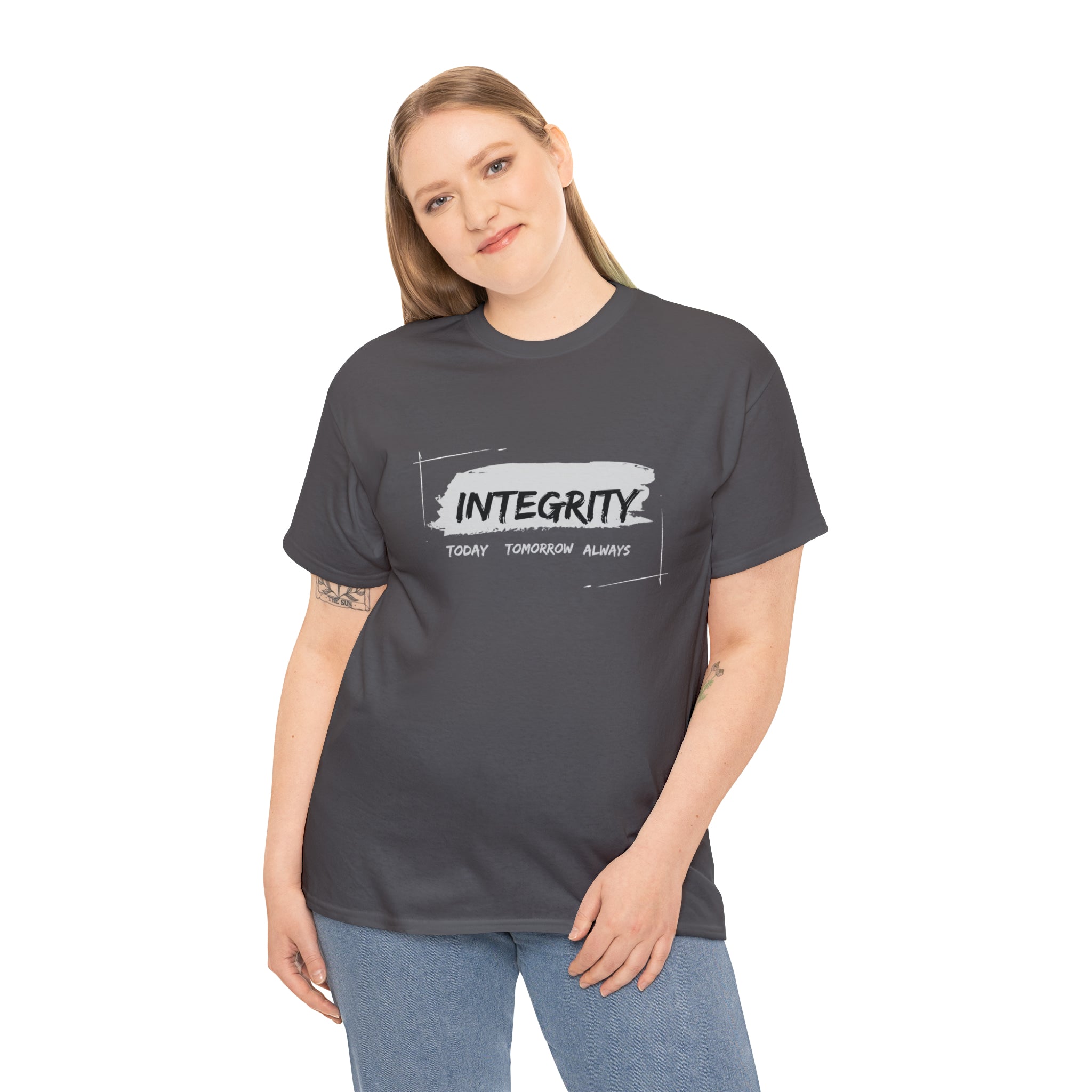 Adult woman wearing charcoal T-Shirt " Integrity Today Tomorrow Always" inspired image.