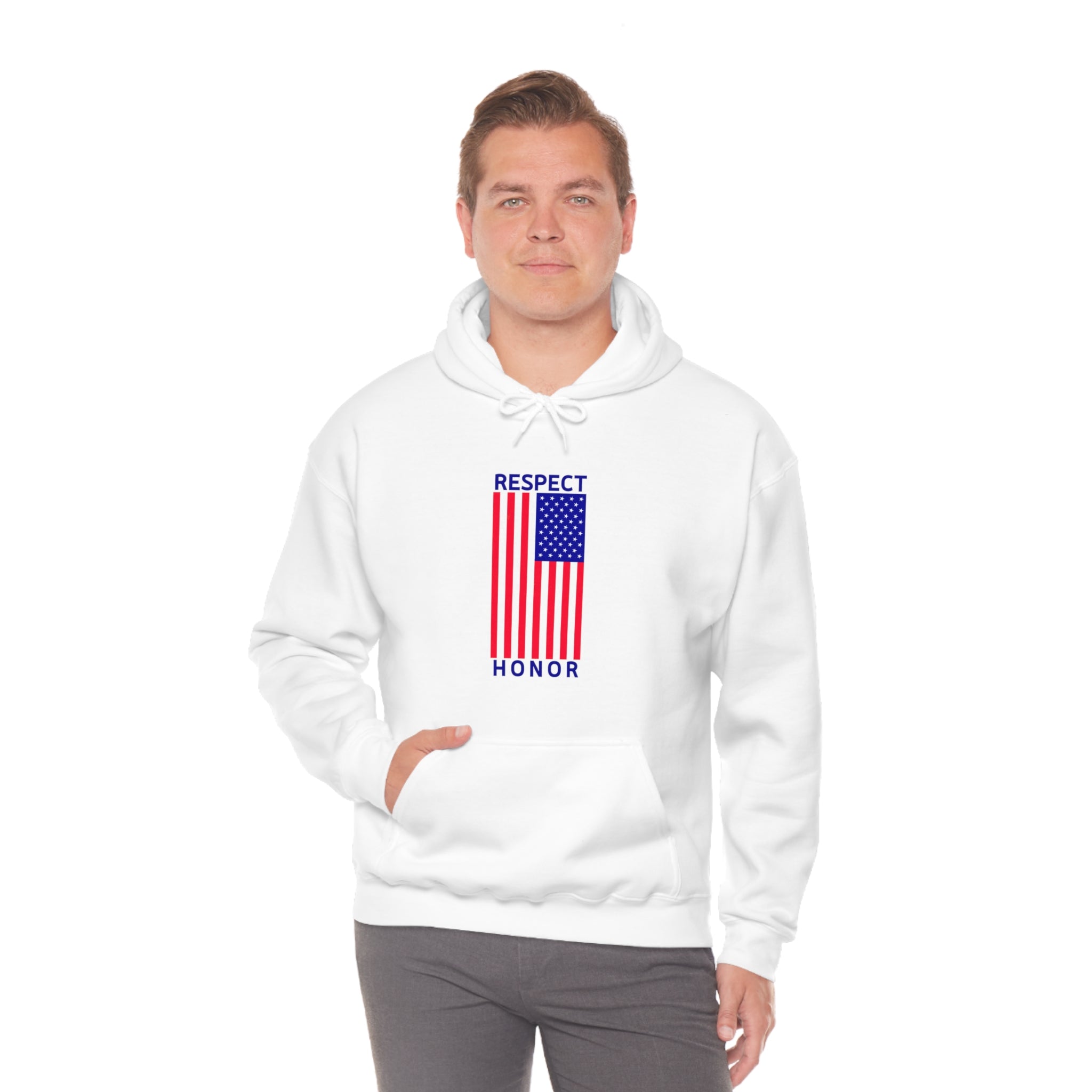 Adult man wearing white hoodie with "Respect Honor" Inspired Classic American Flag on front.