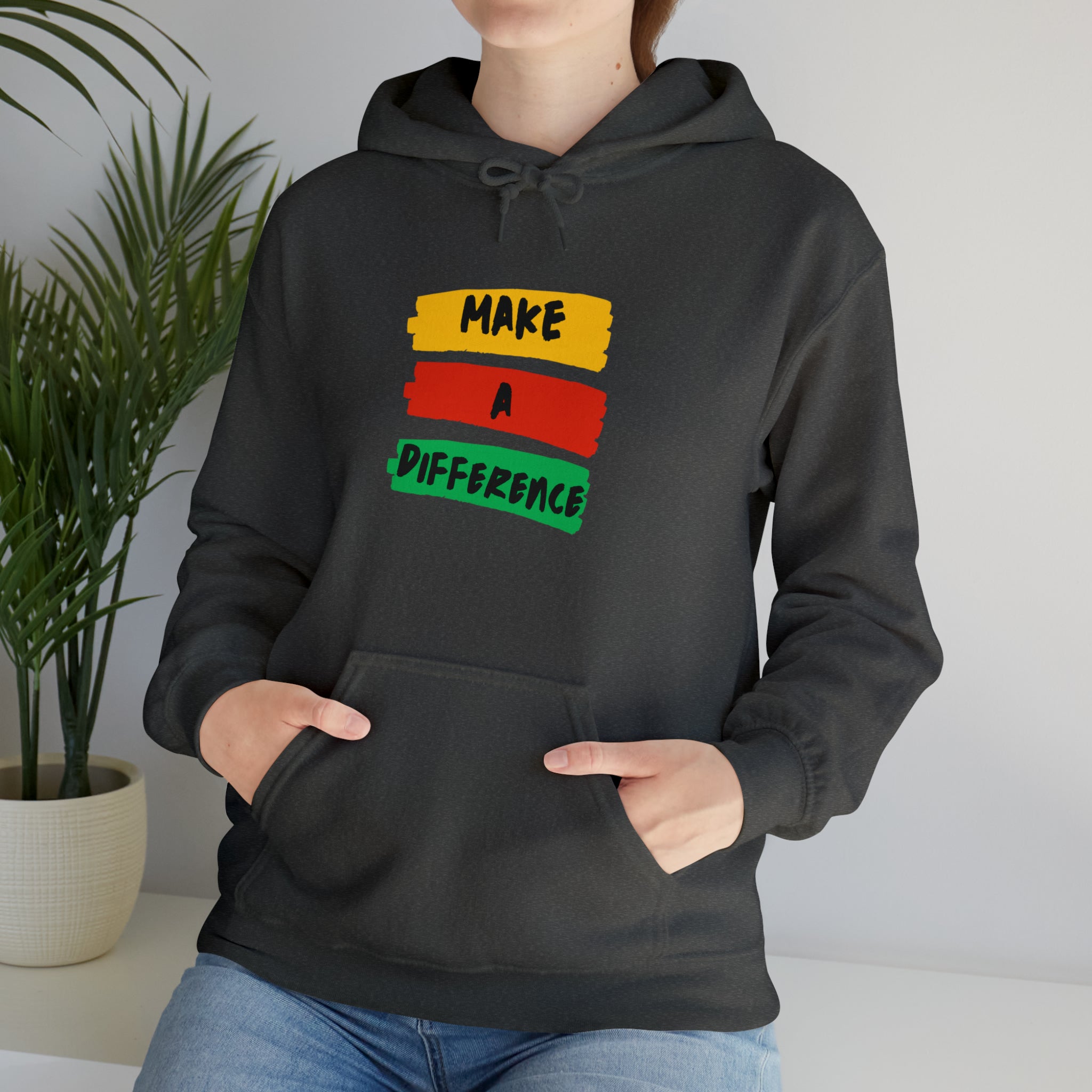 Adult female wearing heather hoodie " Make A Difference" inspired images.