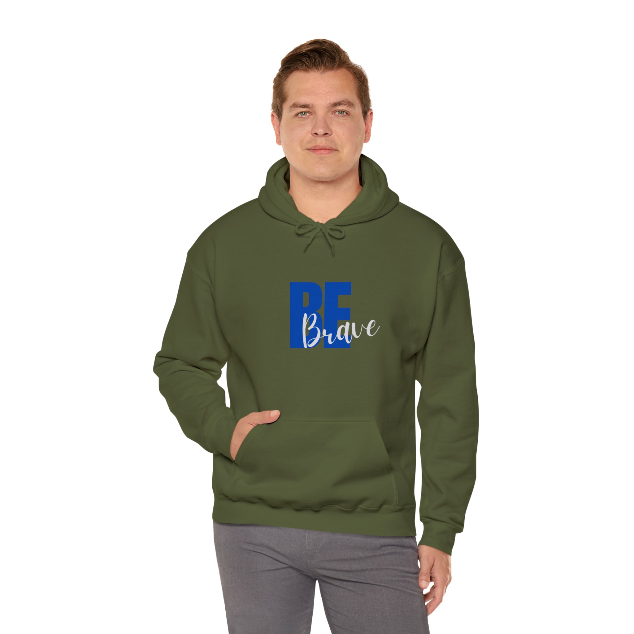 Adult man wearing army green hoodie with "Be Brave" motivational image on front.