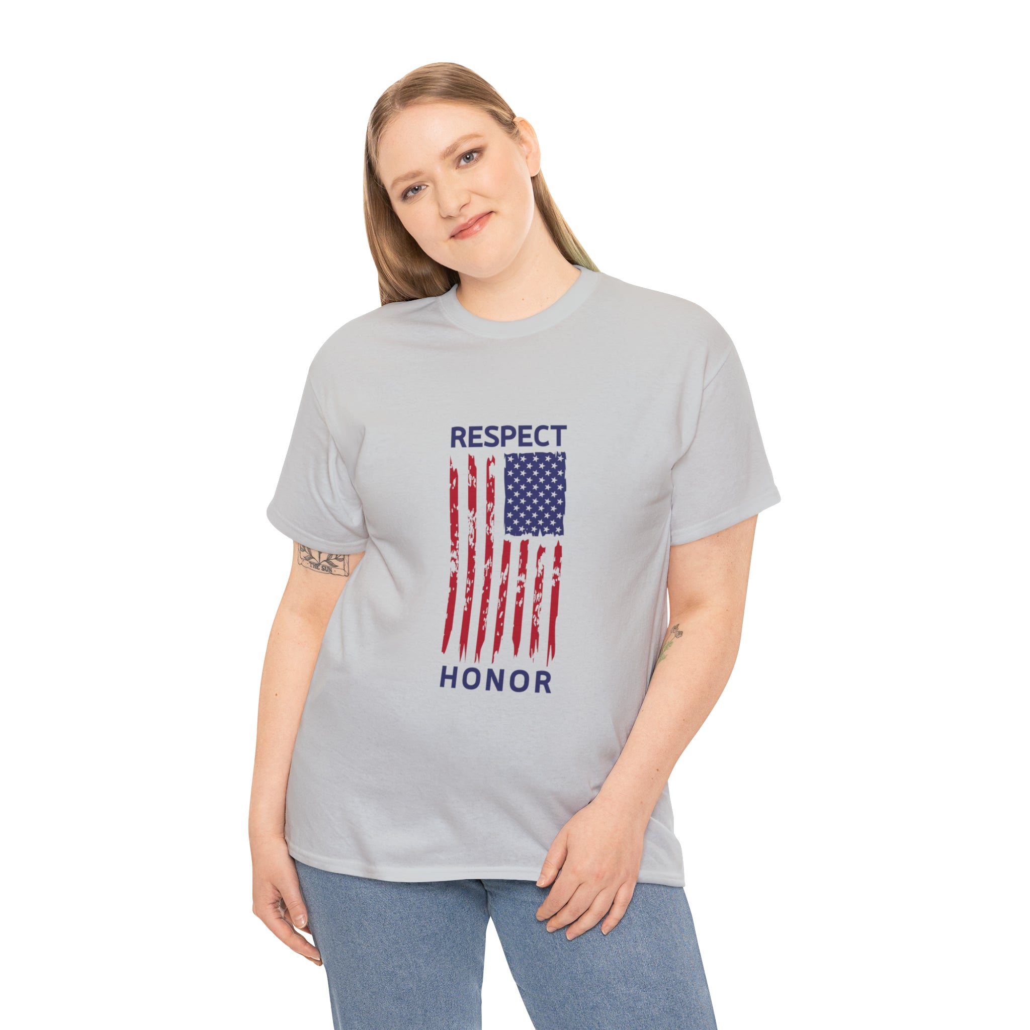 Adult female wearing sports grey T-Shirt with "Respect Honor" Inspired Rustic American Flag on front.