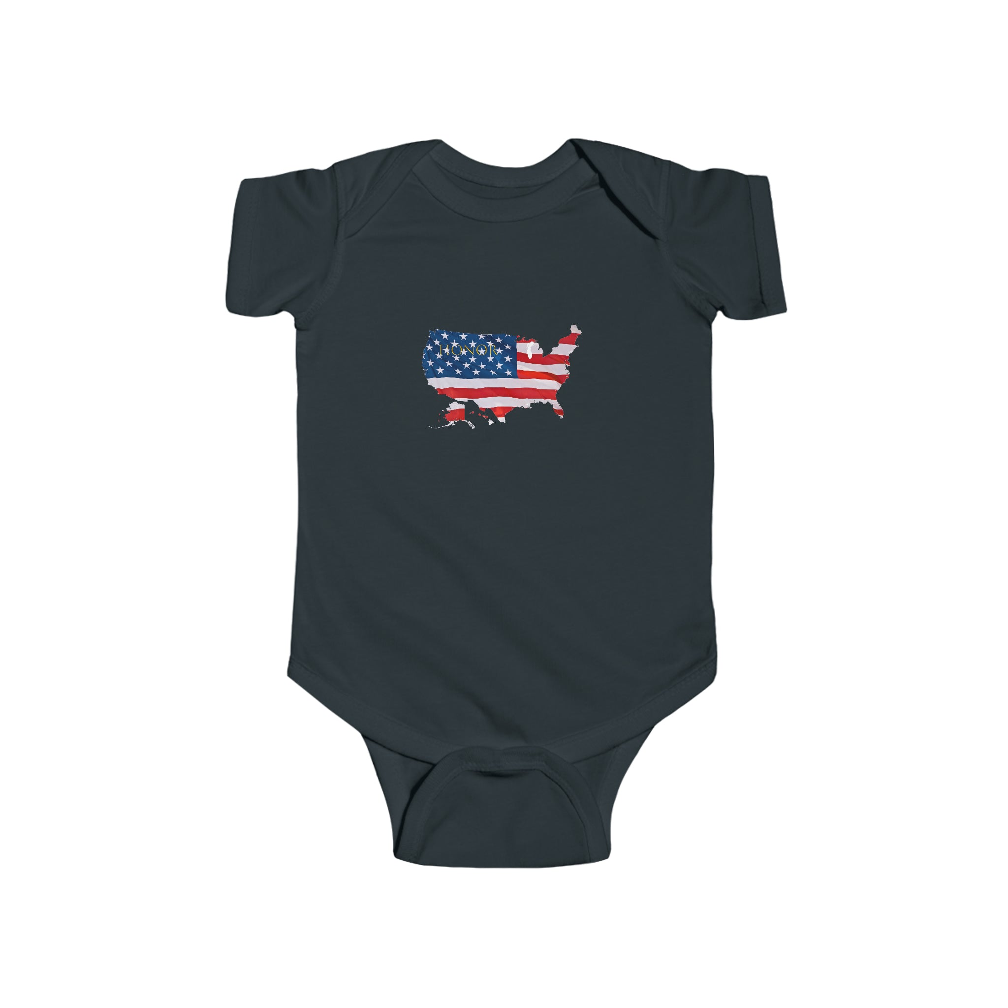 Infant unisex black onesie with "Honor USA" inspired American as a Flag graphic on front.