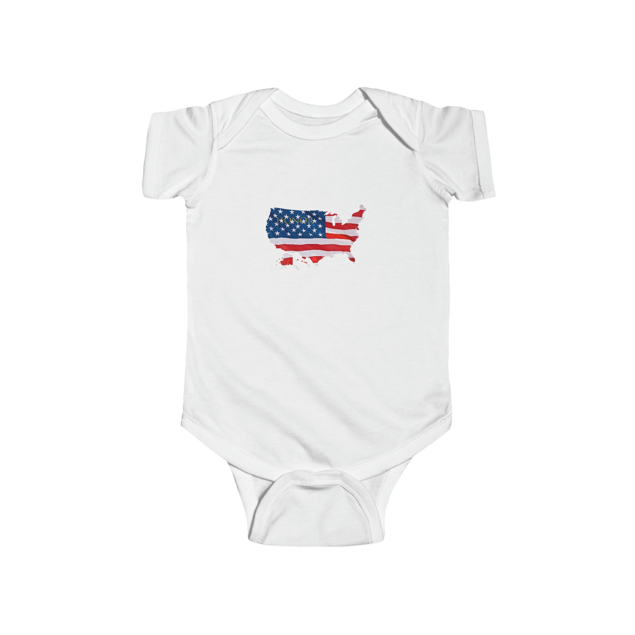 Infant unisex white onesie with "Honor USA" inspired American as a Flag graphic on front.